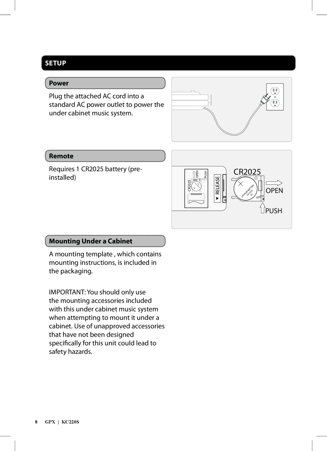 GPX KC220S2 manual Power, Remote, Mounting Under a Cabinet 