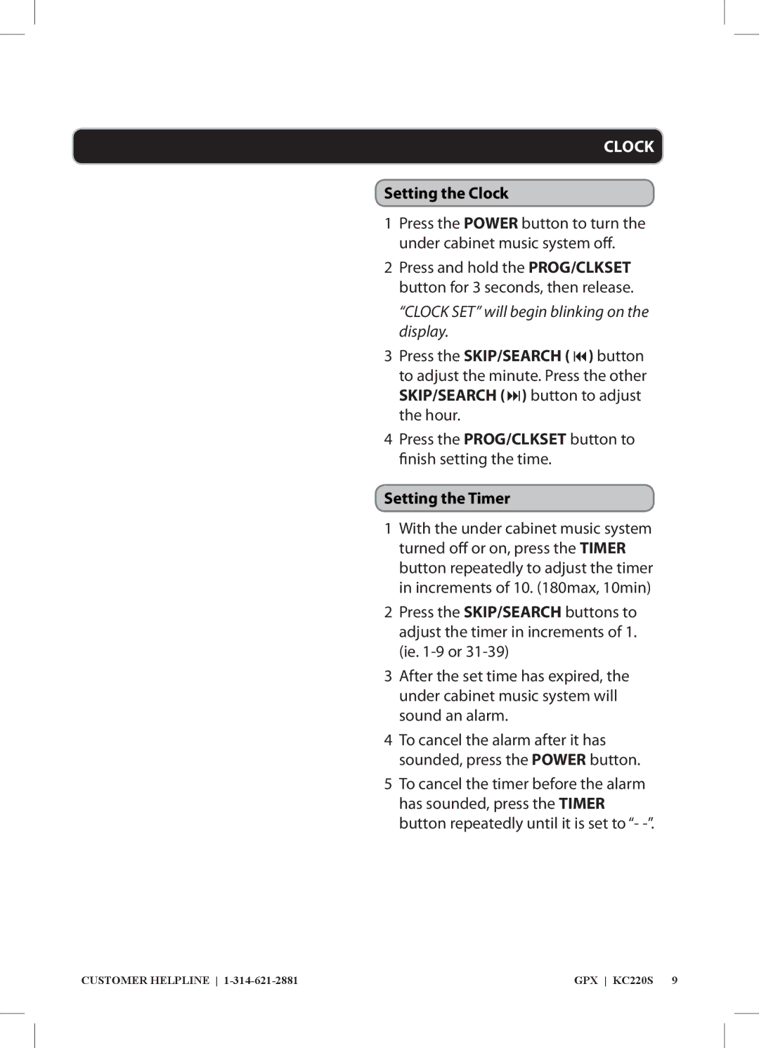 GPX KC220S2 manual Setting the Clock 