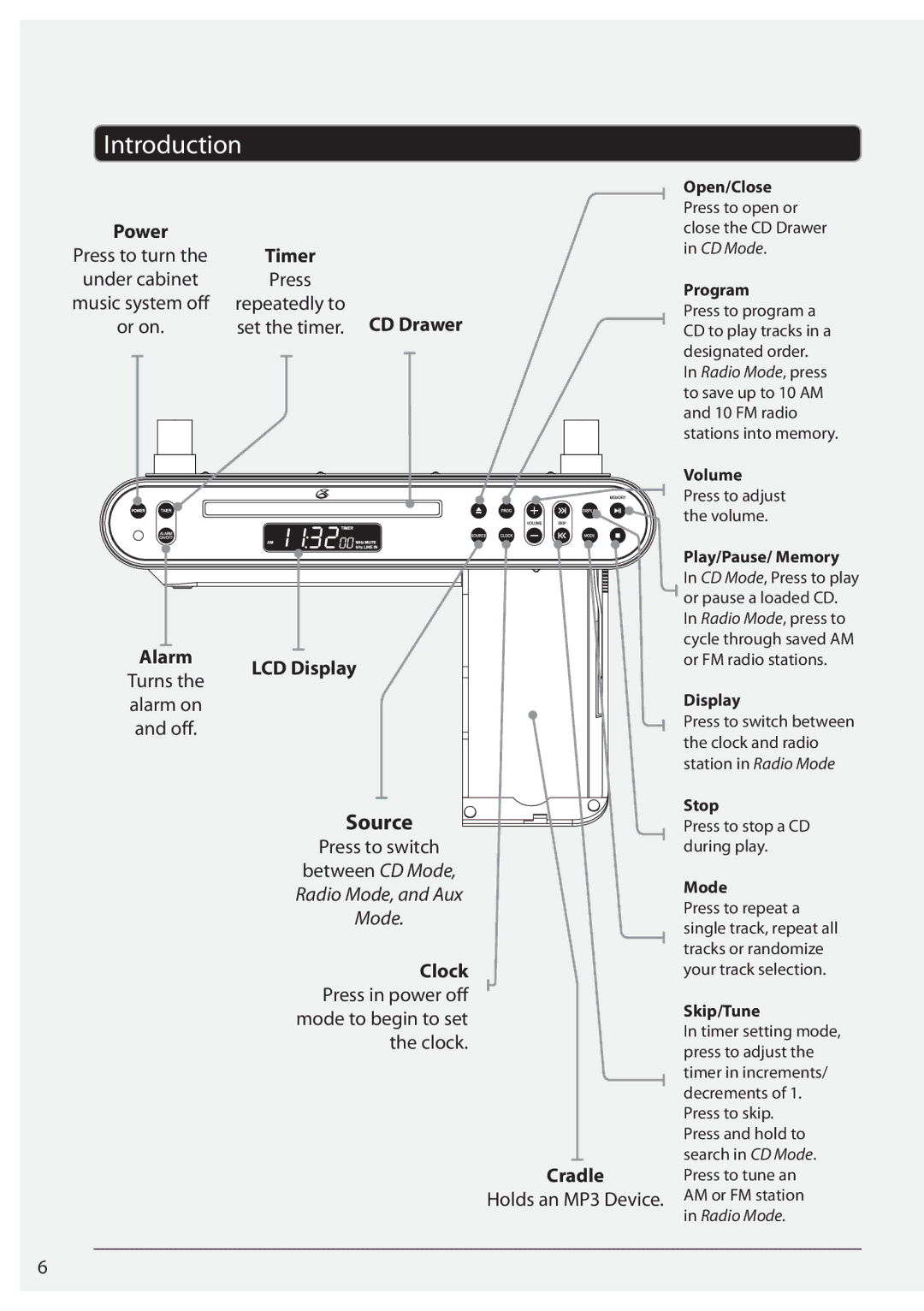 GPX KC222S manual Introduction, LCD Display, Source, Cradle 