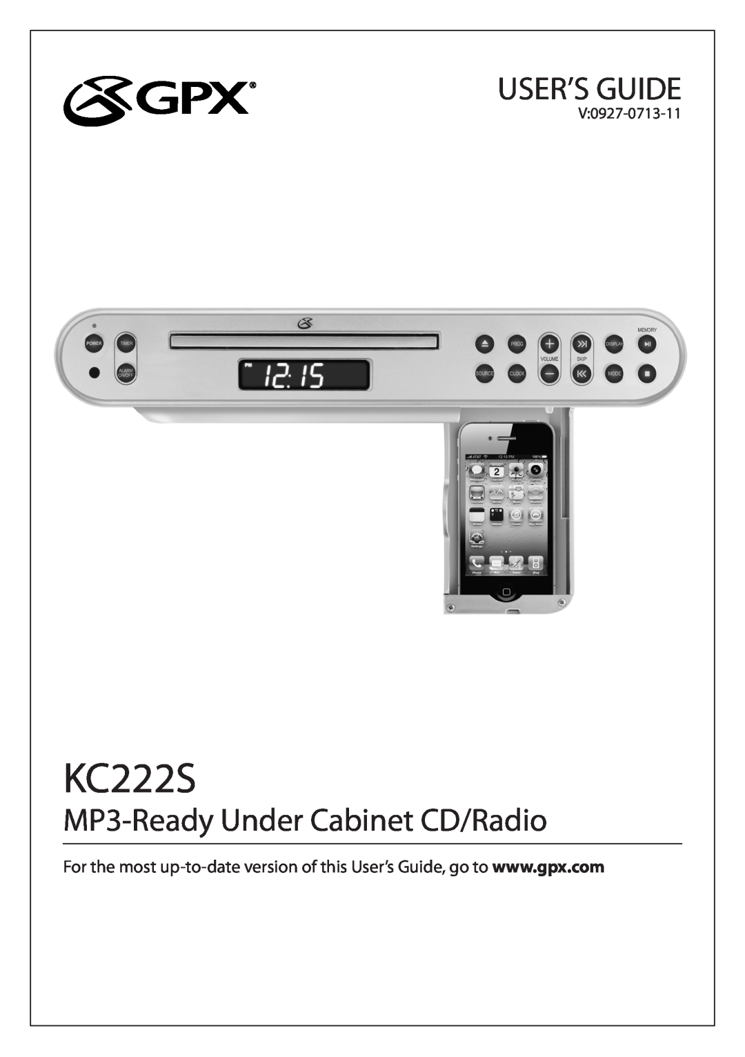 GPX KC222S manual User’S Guide, MP3-ReadyUnder Cabinet CD/Radio 