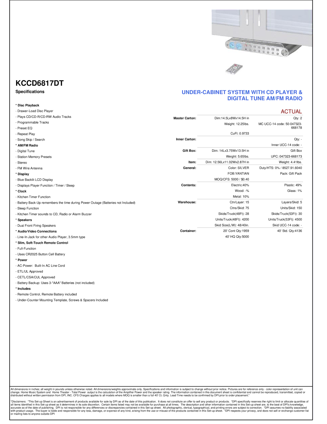 GPX KCCD6817DT Disc Playback, AM/FM Radio, Display, Clock, Speakers, Audio/Video Connections, Power, Includes, Gift Box 