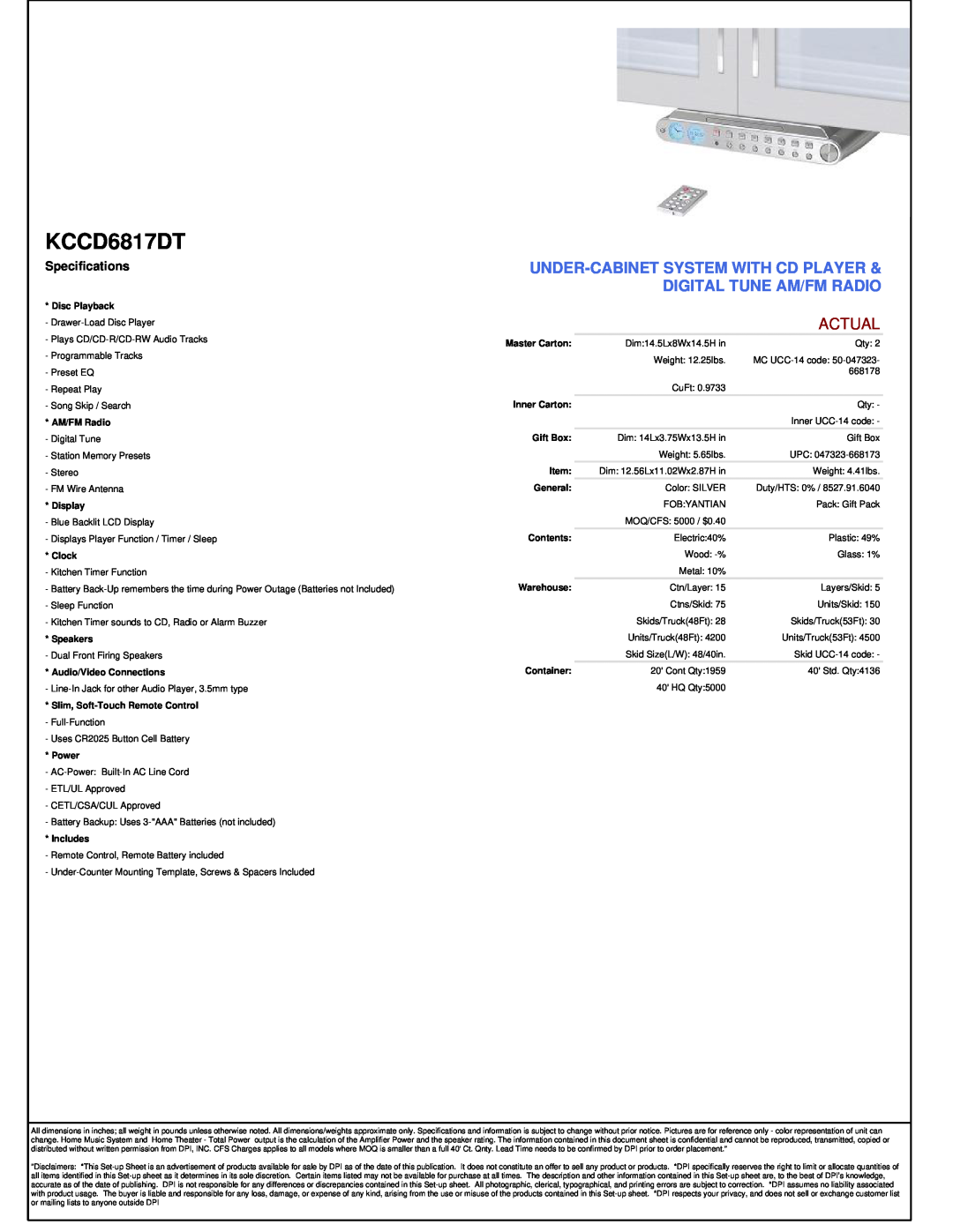 GPX KCCD6817DT manual Actual, Specifications 