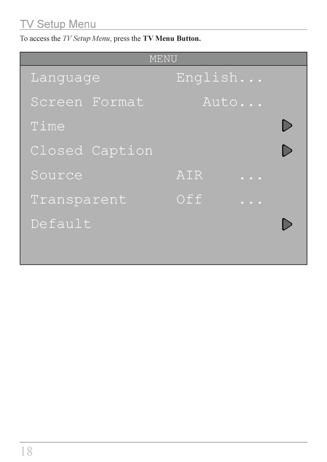 GPX KCL8807DT instruction manual Default, TV Setup Menu 