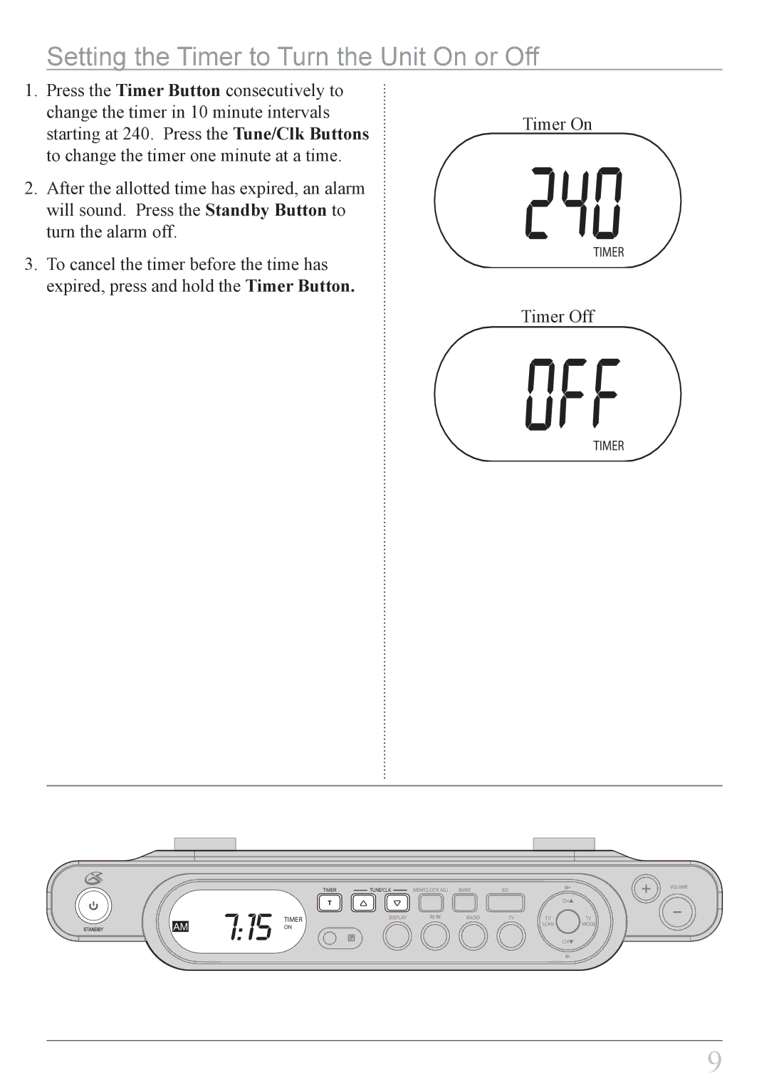 GPX KCL8807DT instruction manual Setting the Timer to Turn the Unit On or Off 