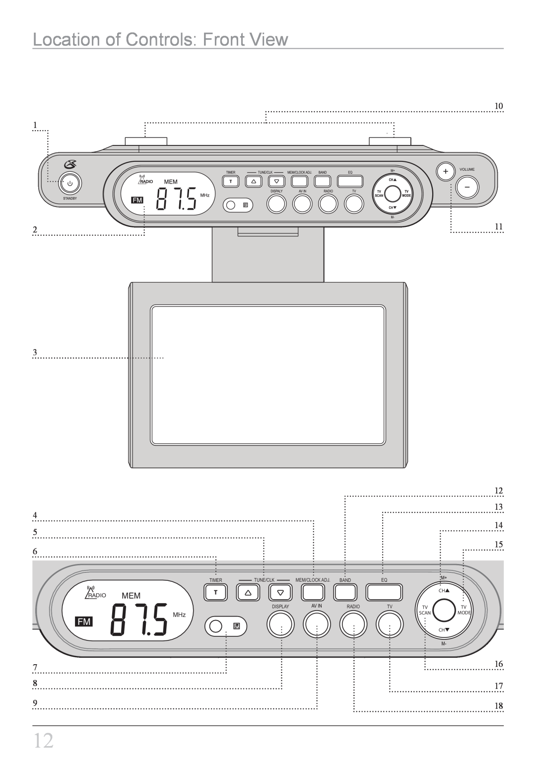 GPX KCL8807DT Location of Controls Front View, Timer, Tune/Clk, Mem/Clock Adj. Band, Display, Radio, Mode, Scan 