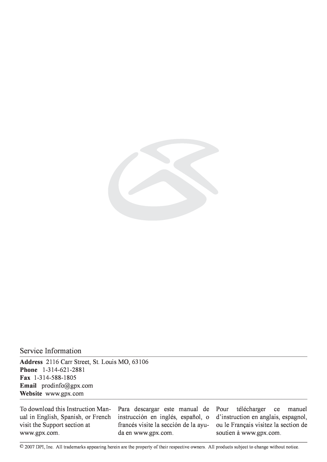 GPX KCL8807DT instruction manual Service Information 