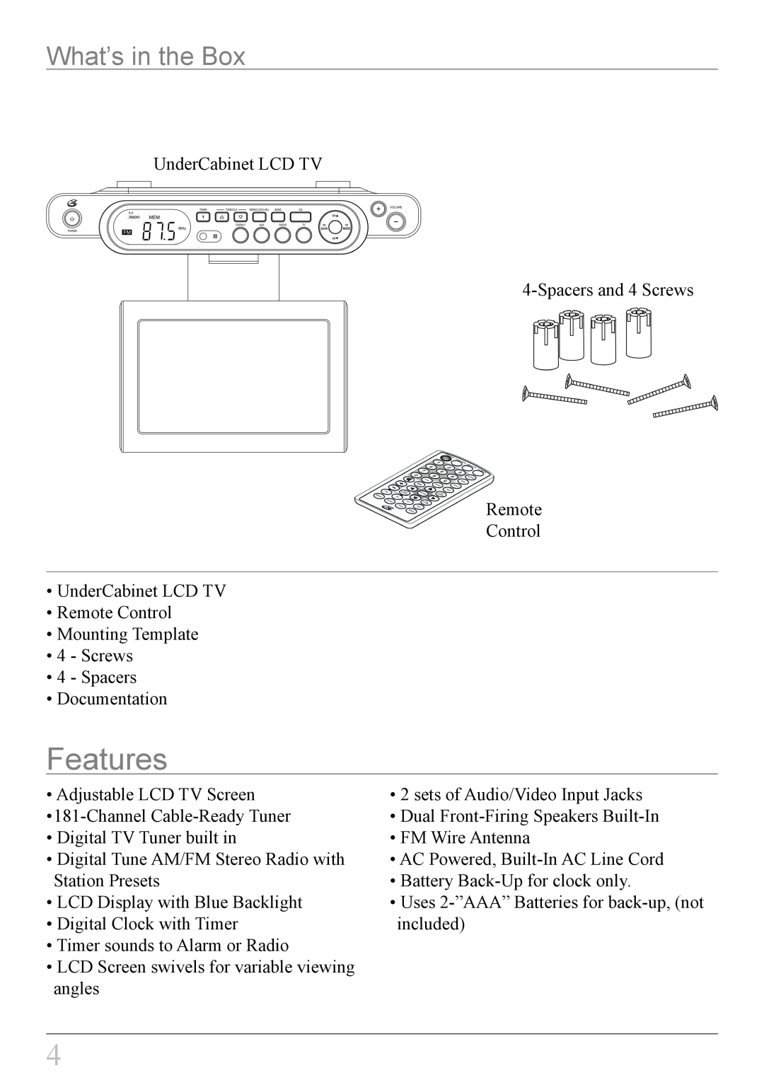 GPX KCL8807DT instruction manual Features, What’s in the Box 