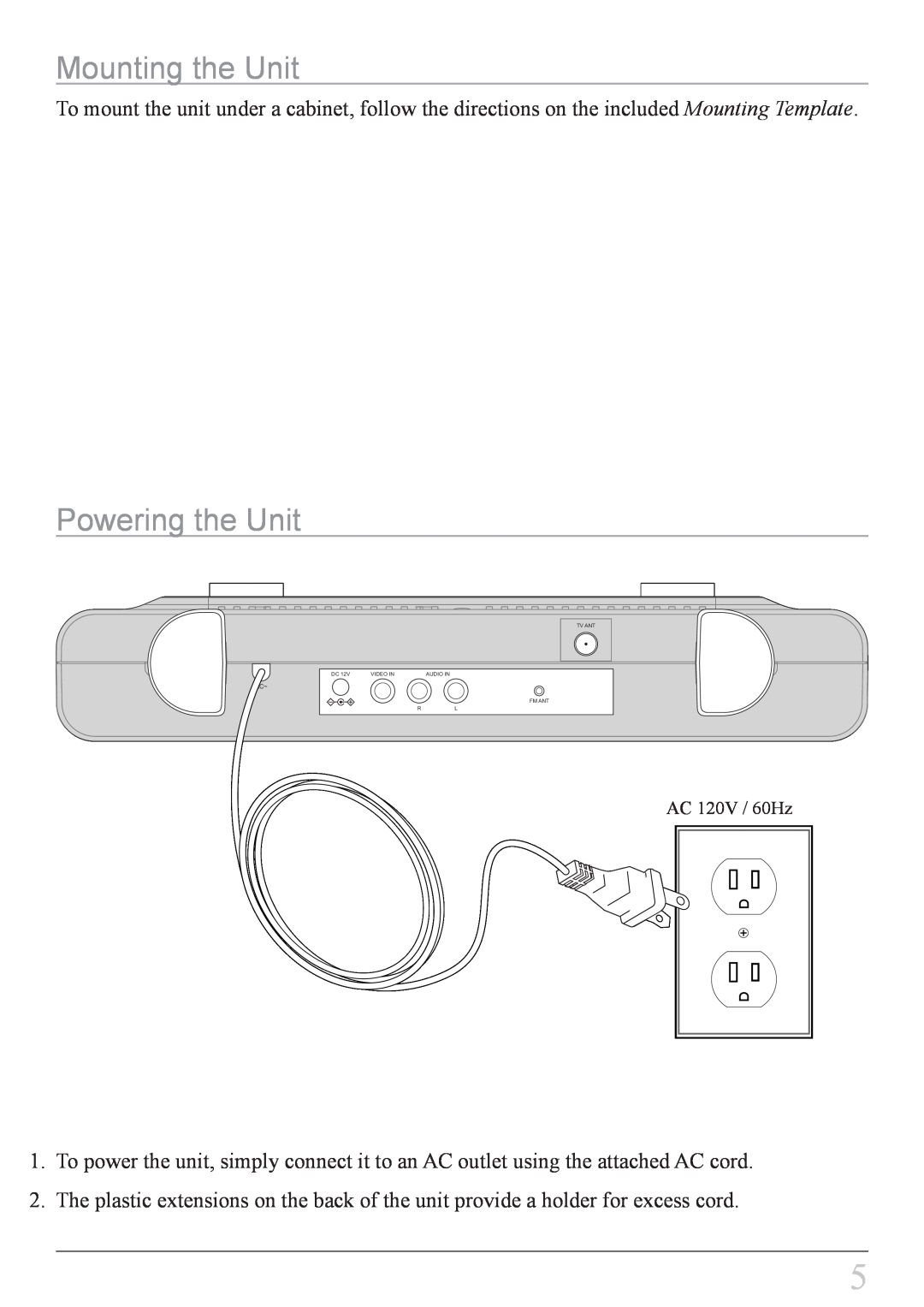 GPX KCL8807DT instruction manual Mounting the Unit, Powering the Unit, AC 120V / 60Hz 