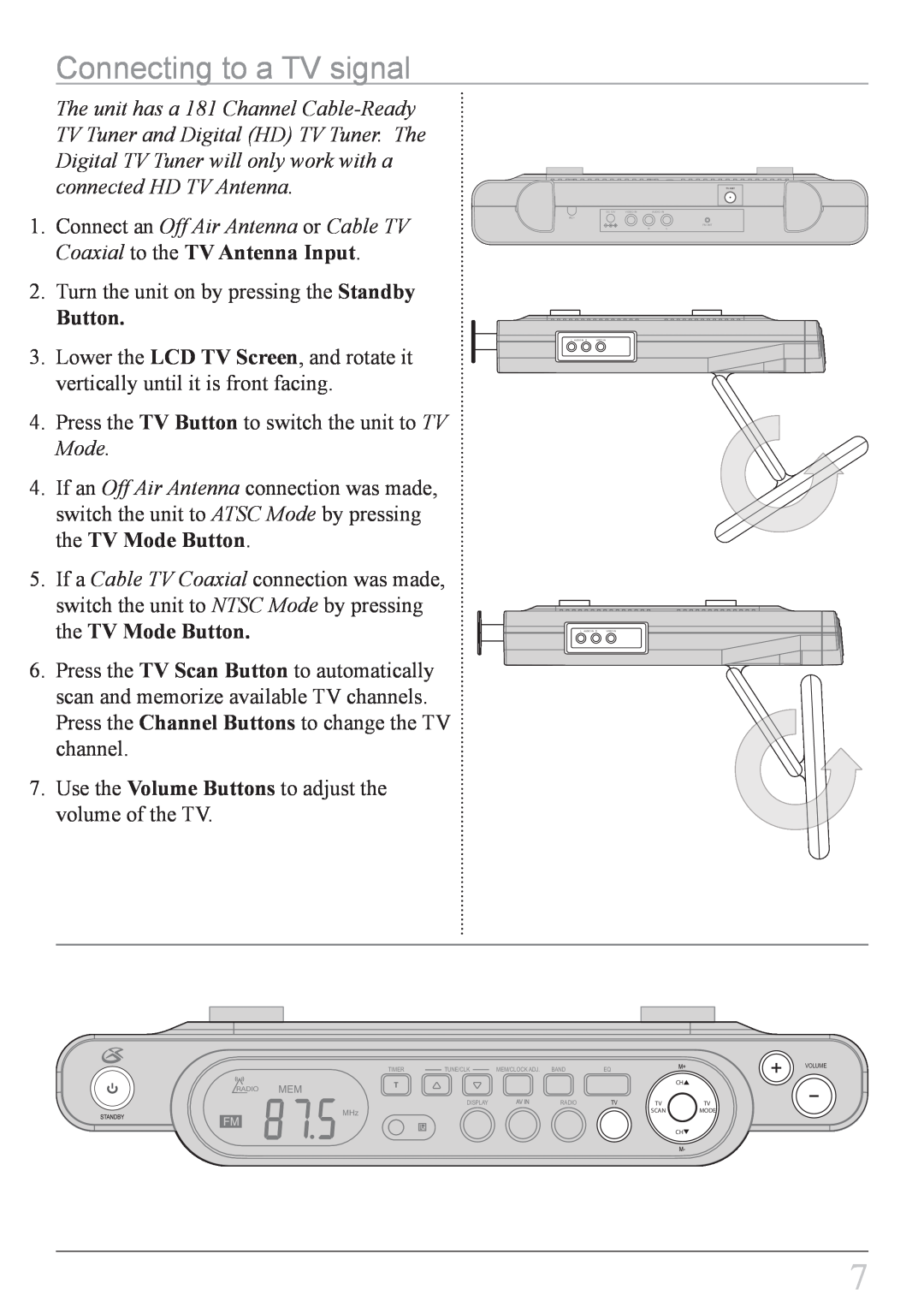 GPX KCL8807DT instruction manual Connecting to a TV signal, Button 