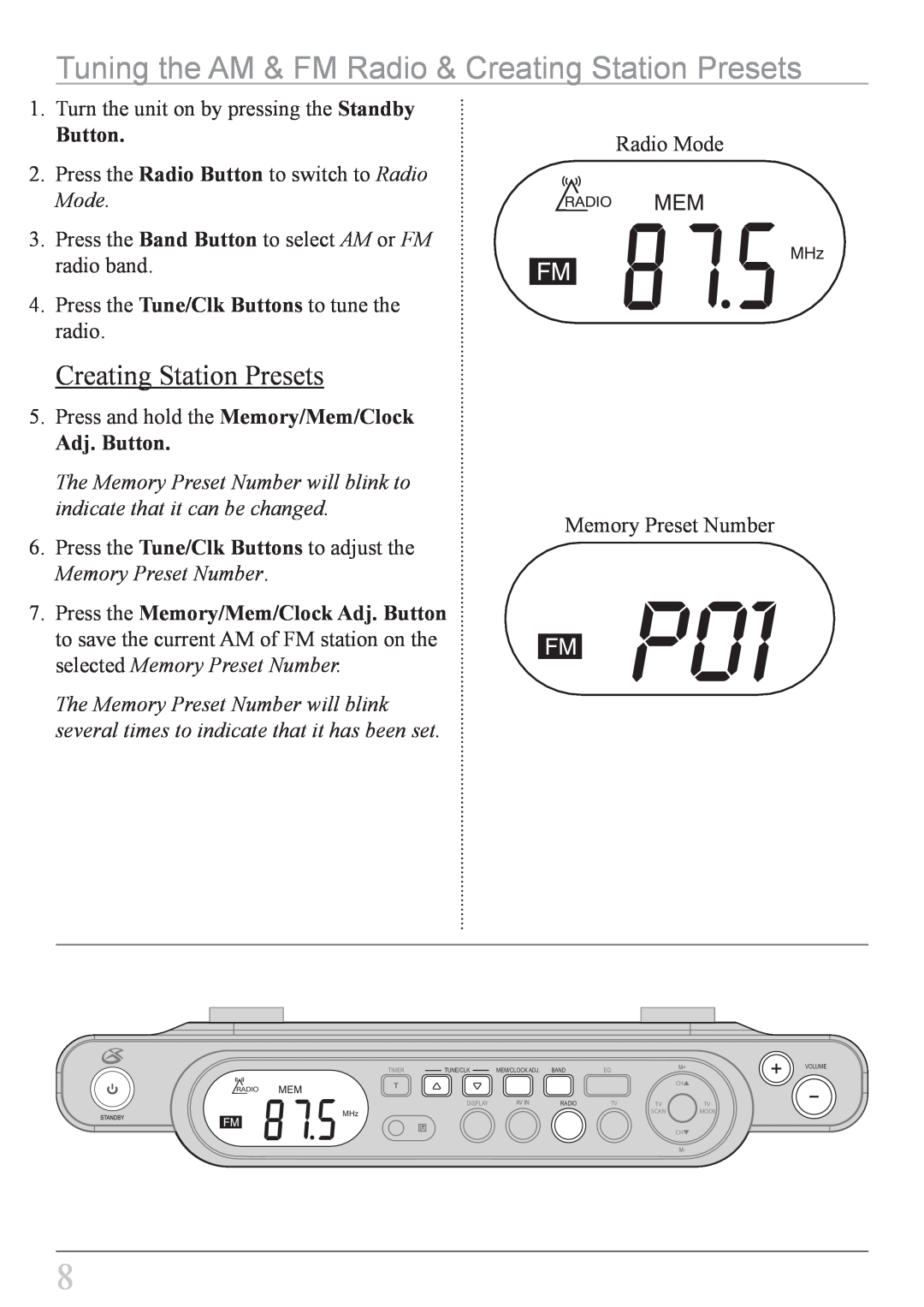 GPX KCL8807DT instruction manual Tuning the AM & FM Radio & Creating Station Presets, Adj. Button 