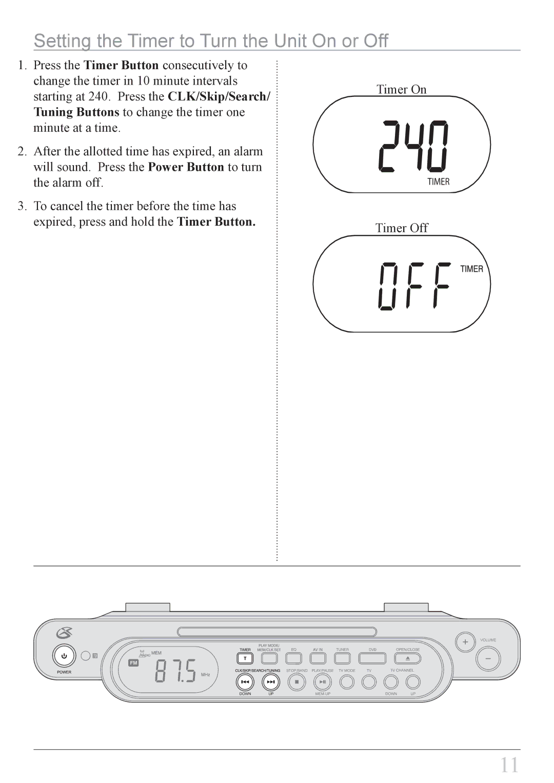 GPX KCLD8887DT instruction manual Setting the Timer to Turn the Unit On or Off, Timer Off 