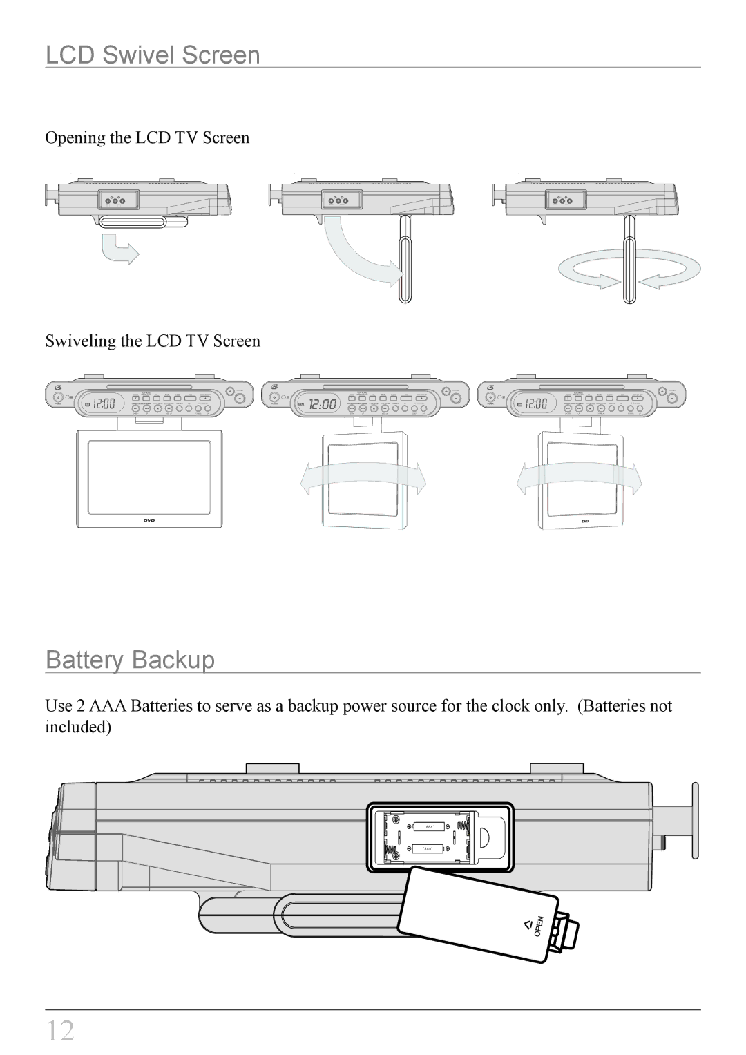 GPX KCLD8887DT instruction manual LCD Swivel Screen, Battery Backup, Opening the LCD TV Screen Swiveling the LCD TV Screen 