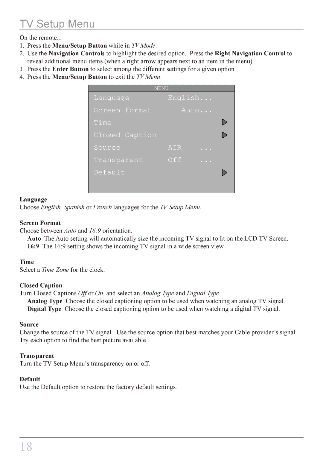 GPX KCLD8887DT instruction manual TV Setup Menu, Air 