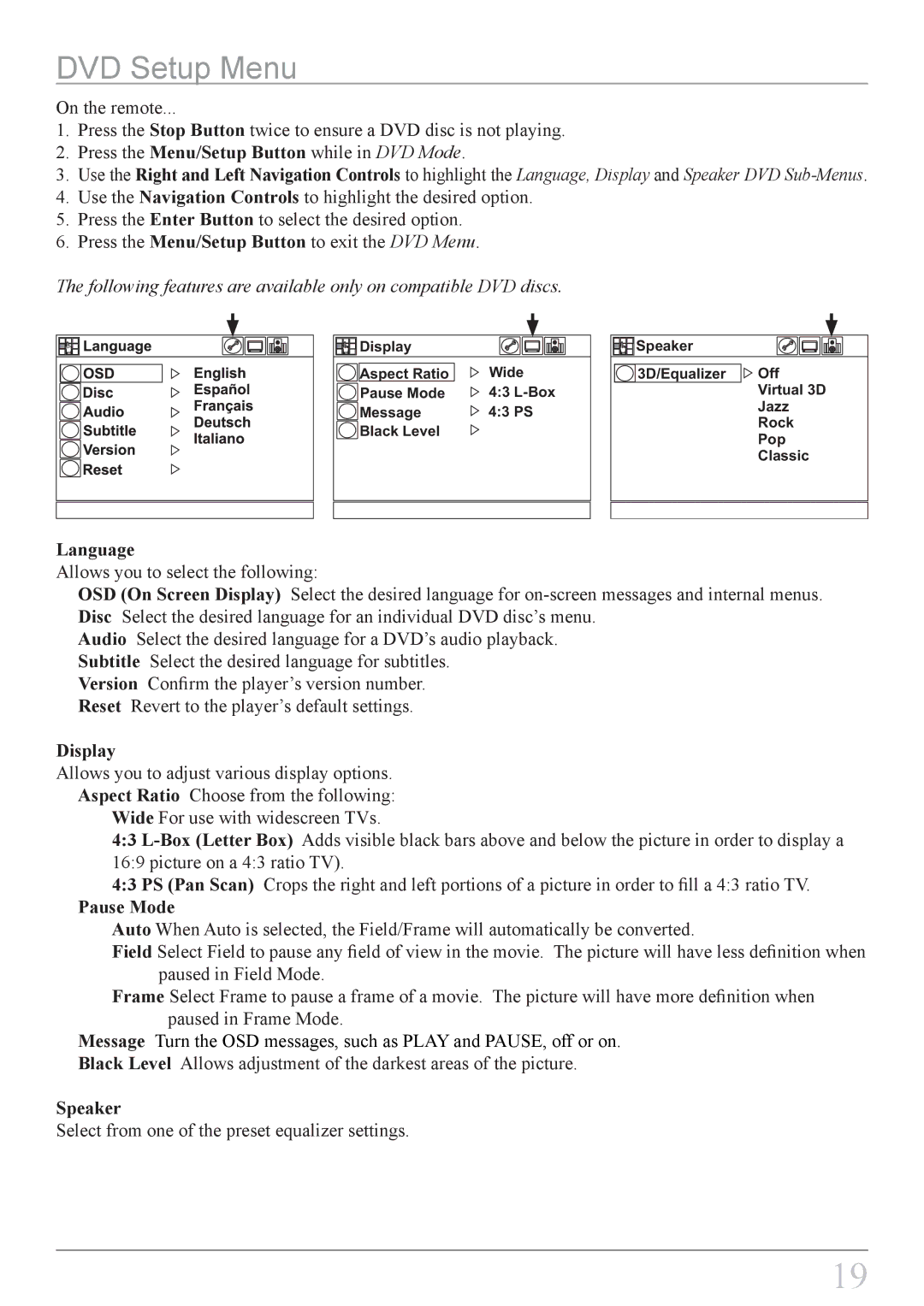 GPX KCLD8887DT instruction manual DVD Setup Menu, Display 