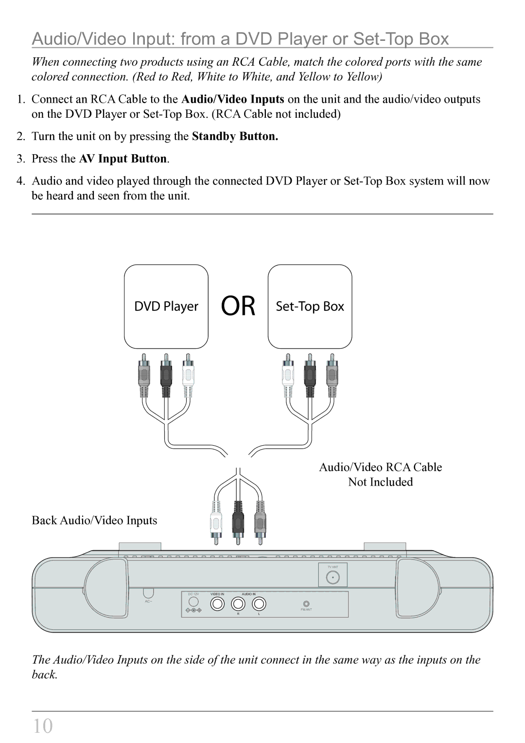 GPX KL858S instruction manual Audio/Video Input from a DVD Player or Set-Top Box, Press the AV Input Button 