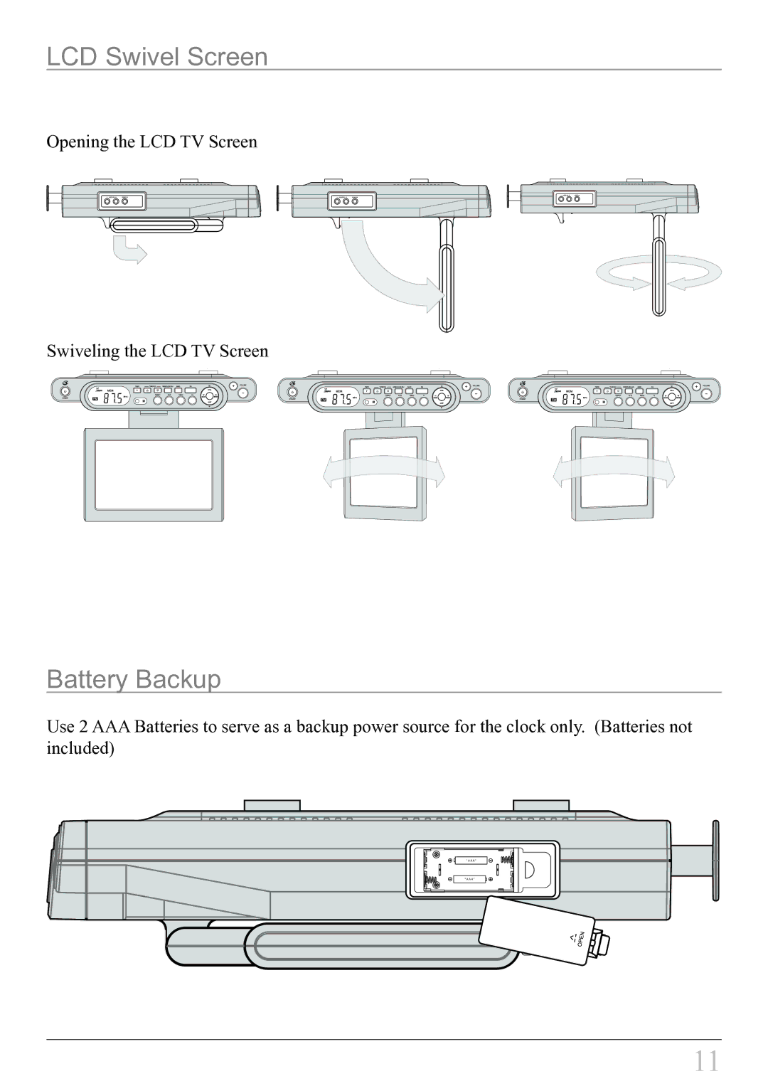 GPX KL858S instruction manual LCD Swivel Screen, Battery Backup 