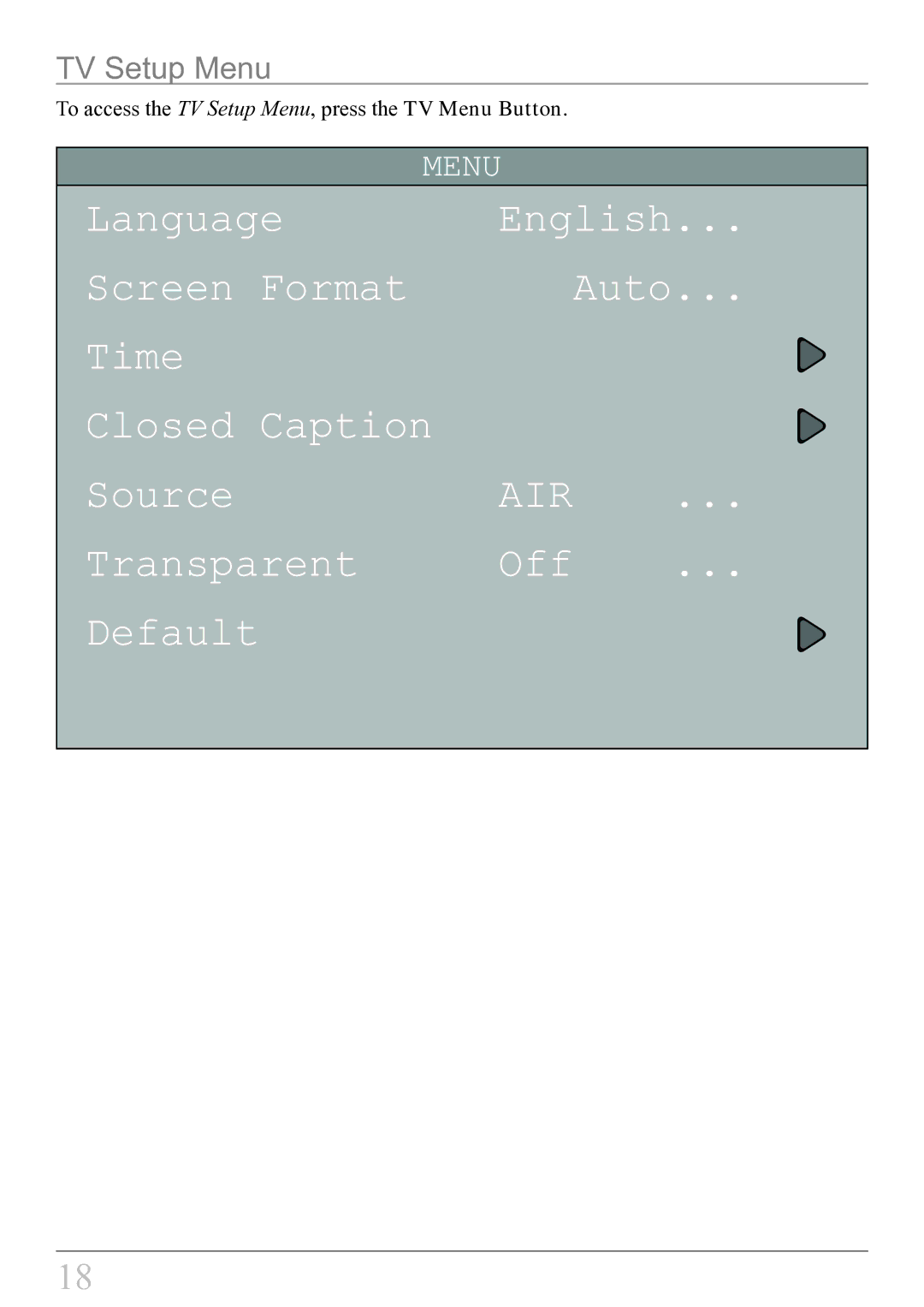 GPX KL858S instruction manual Default, TV Setup Menu 