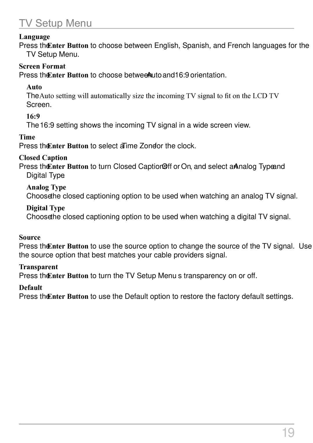 GPX KL858S Language, Screen Format, Auto, 169, Time, Closed Caption, Analog Type, Digital Type, Source, Transparent 