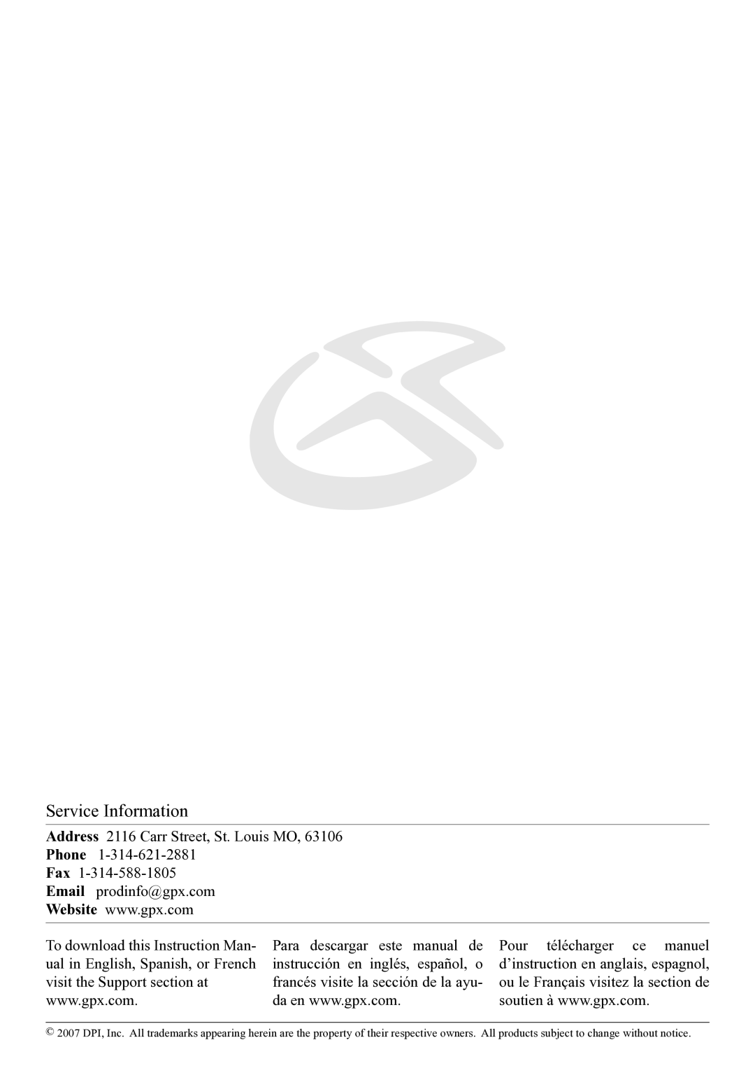 GPX KL858S instruction manual Service Information 