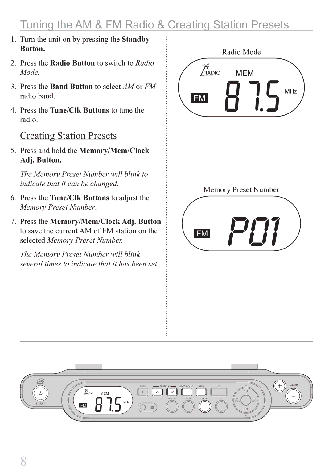 GPX KL858S instruction manual Tuning the AM & FM Radio & Creating Station Presets, Adj. Button 