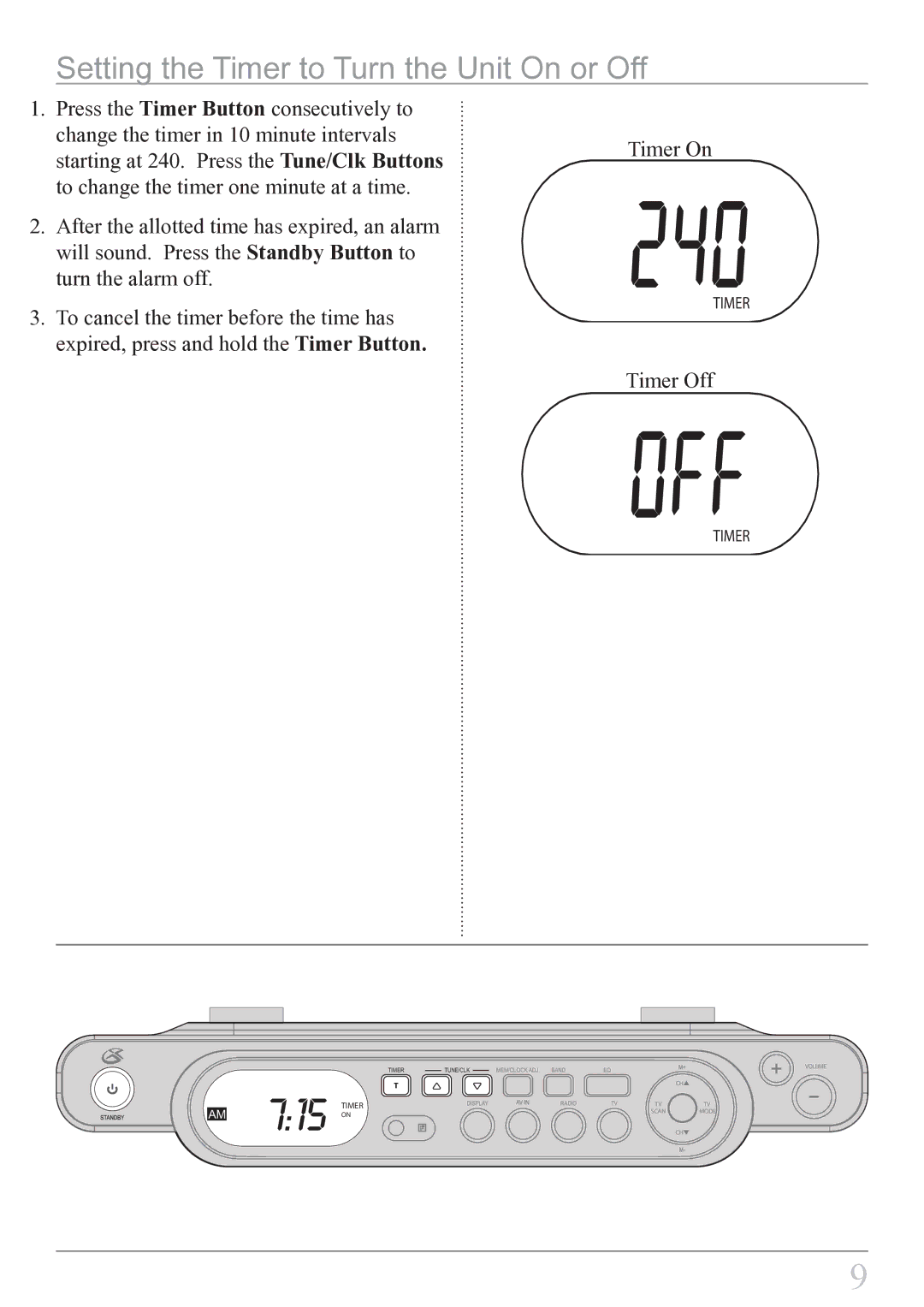 GPX KL858S instruction manual Setting the Timer to Turn the Unit On or Off 