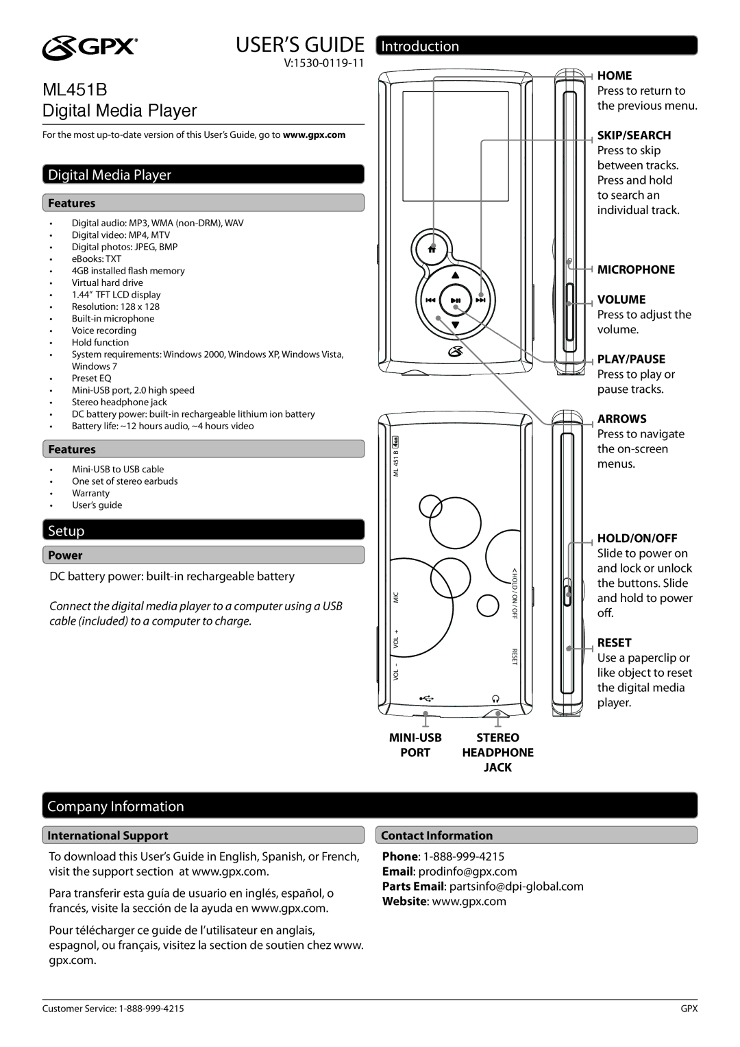 GPX ML451B warranty Digital Media Player, Setup, Introduction, Company Information 