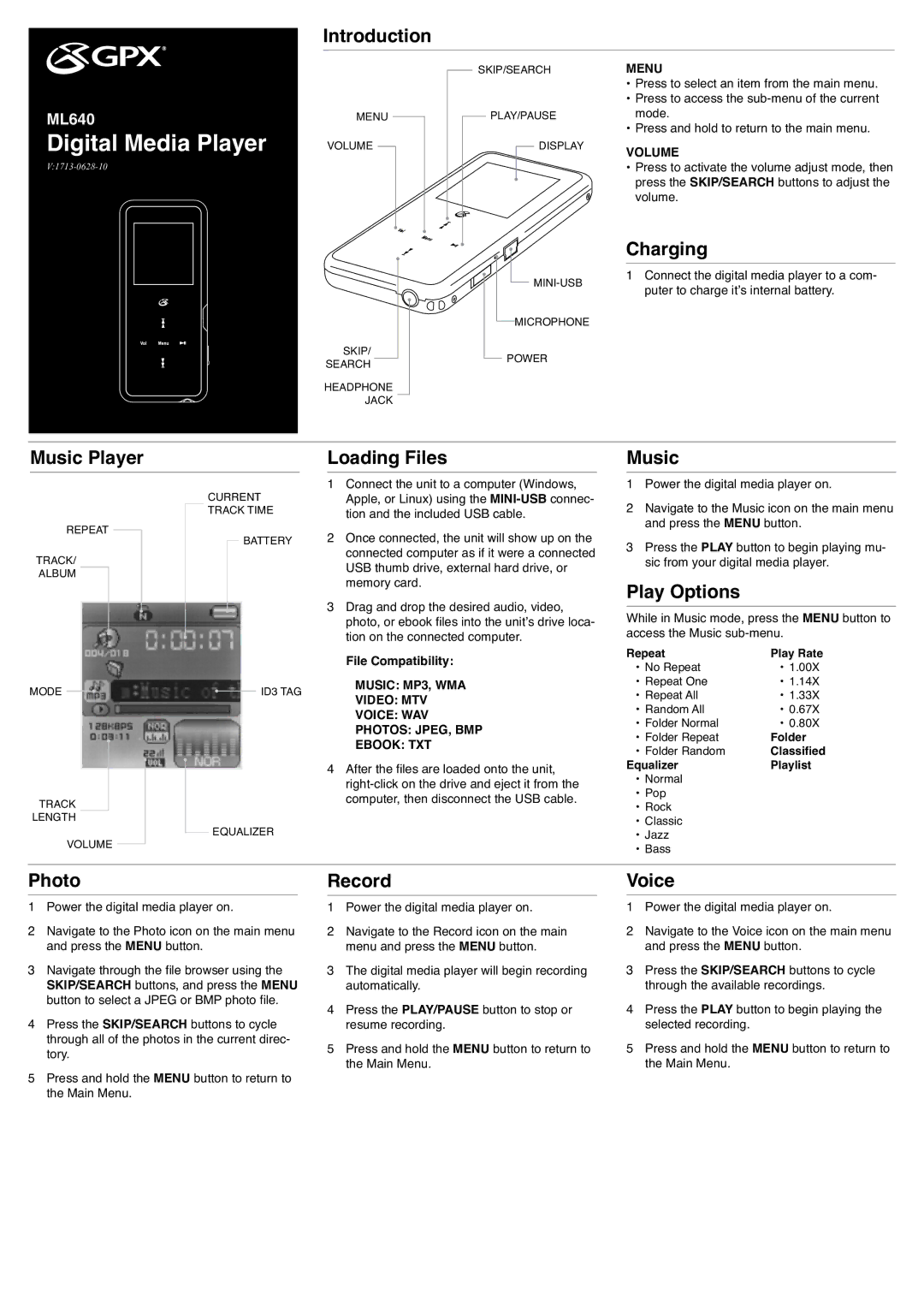 GPX ML640 manual Introduction, Charging, Music Player, Loading Files, Play Options, Photo, Record, Voice 