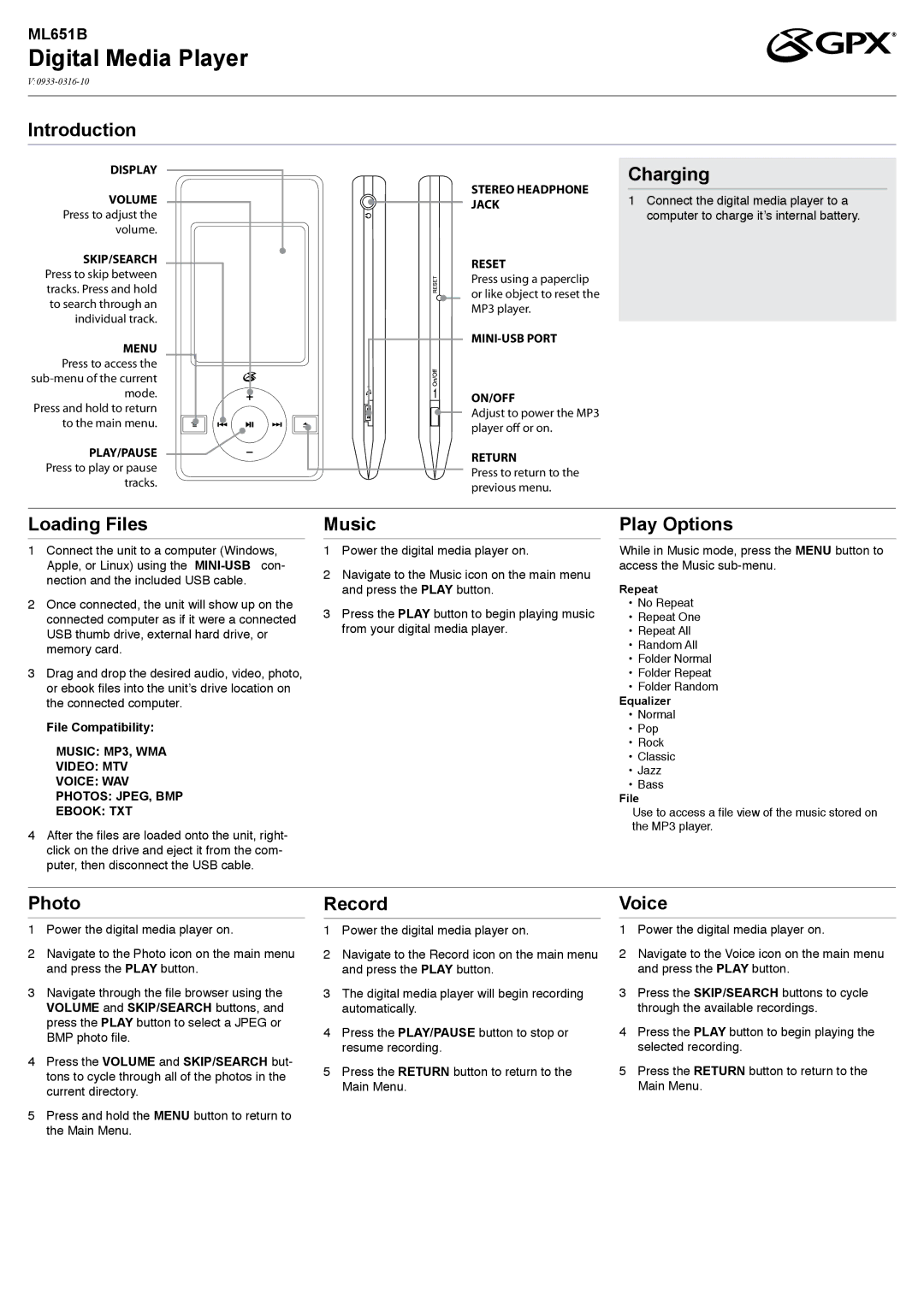 GPX ML651B manual Introduction, Charging, Loading Files, Music, Play Options, Photo, Record, Voice 