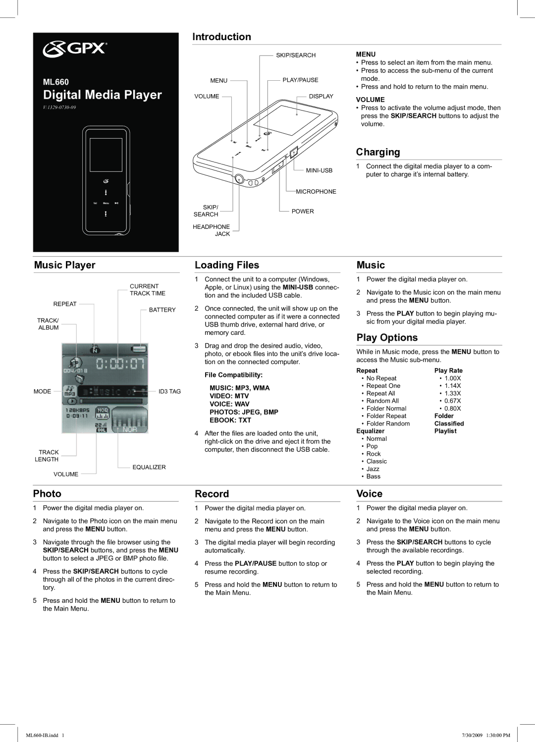 GPX ML660 manual Introduction, Charging, Music Player, Loading Files, Play Options, Photo, Record, Voice 