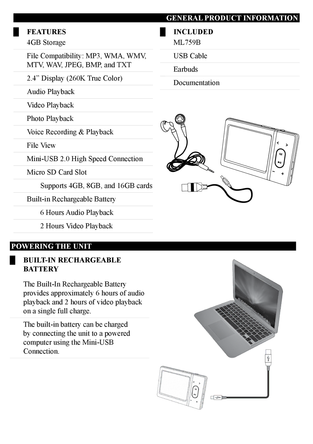 GPX ML759B manual Features, Powering the Unit, Built-In Rechargeable Battery, General Product Information, Included 