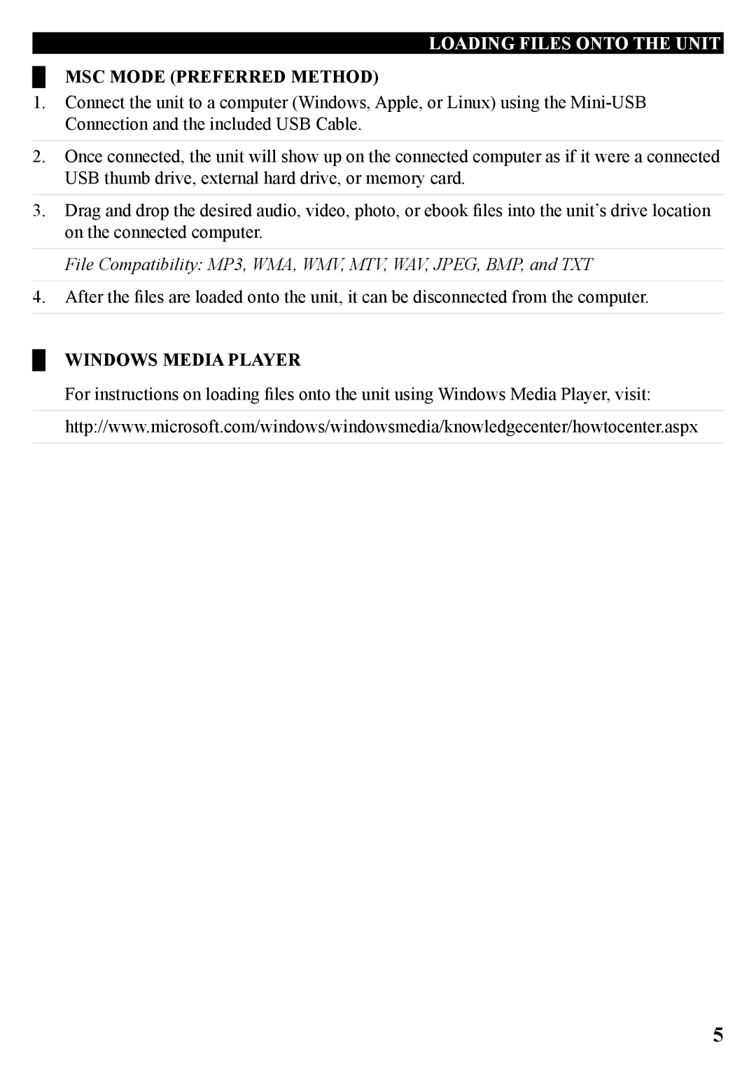 GPX ML759B manual Loading Files onto the Unit, MSC Mode Preferred Method, Windows Media Player 