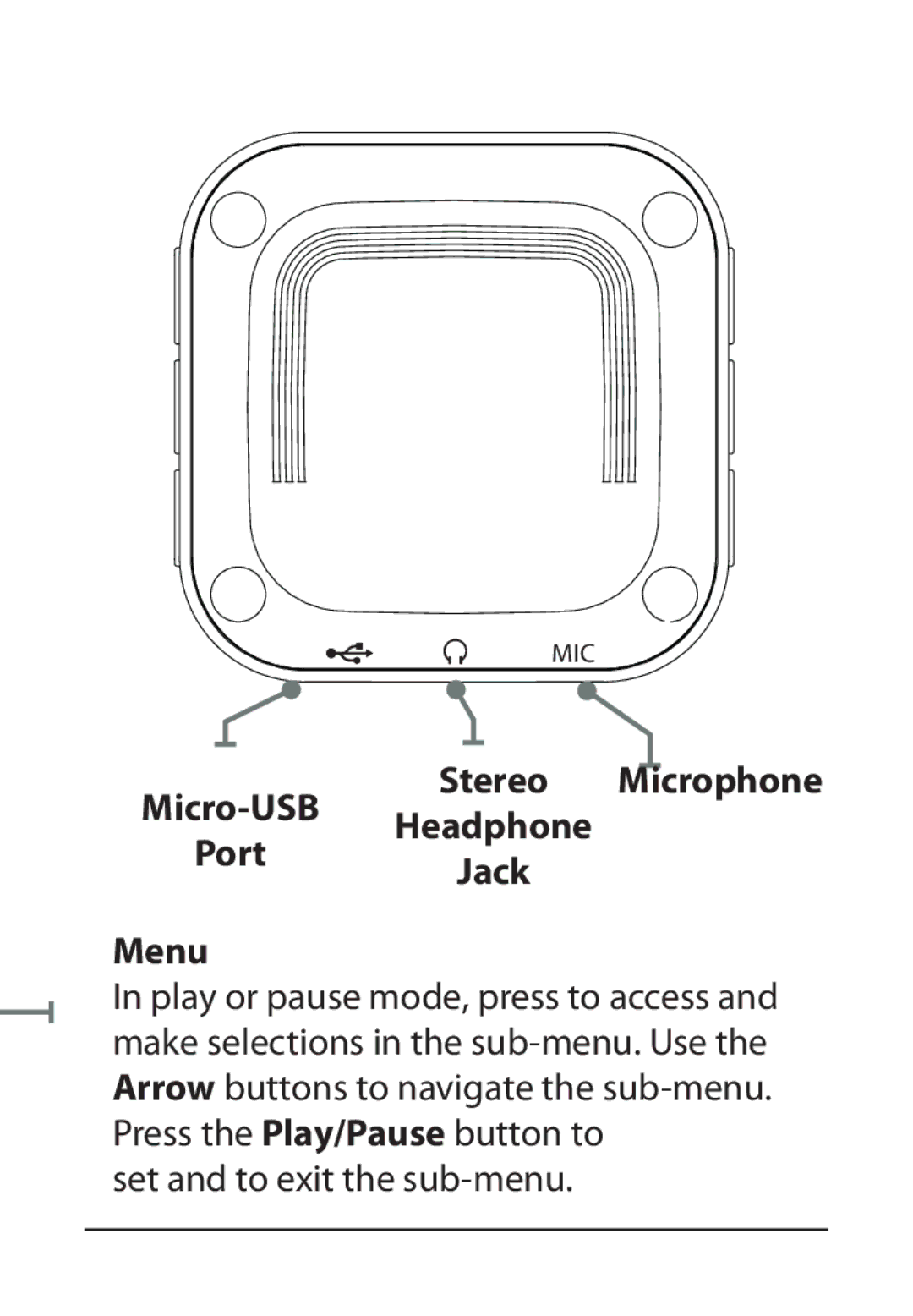 GPX ML763R manual Stereo Microphone Micro-USB Headphone Port Jack Menu 