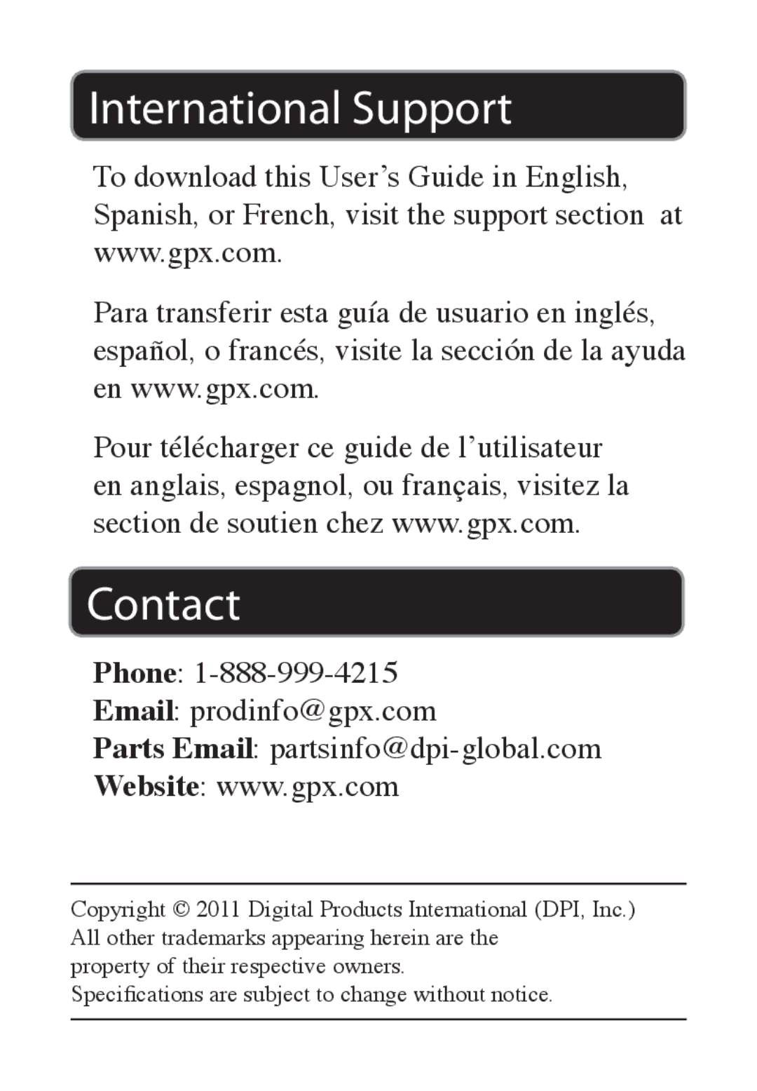 GPX ML861 manual International Support Contact 