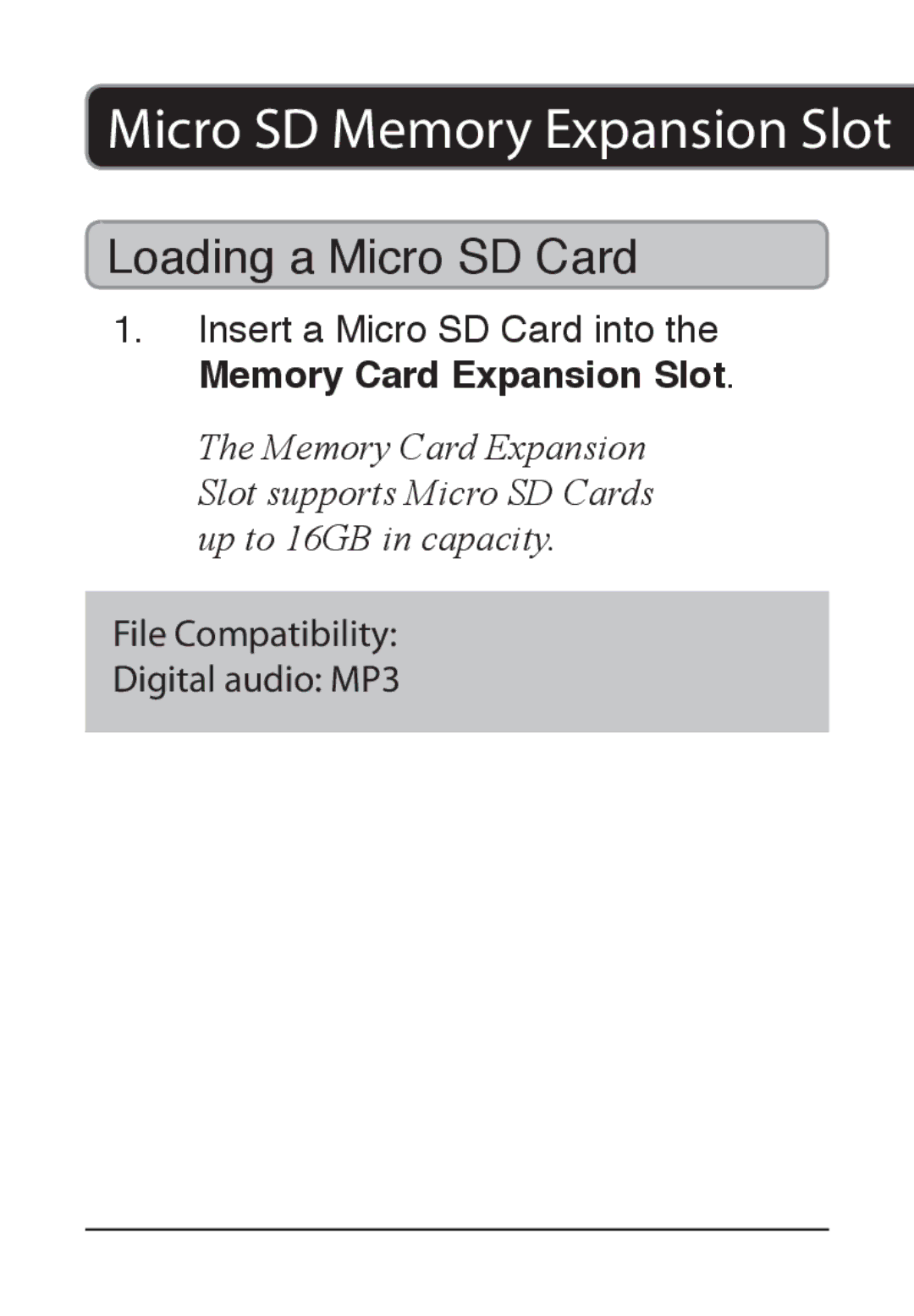 GPX MT861B manual Micro SD Memory Expansion Slot, Loading a Micro SD Card 