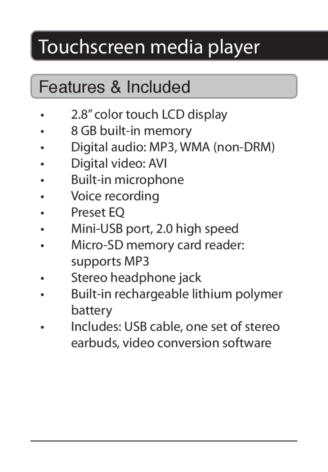 GPX MT861B manual Touchscreen media player, Features & Included 