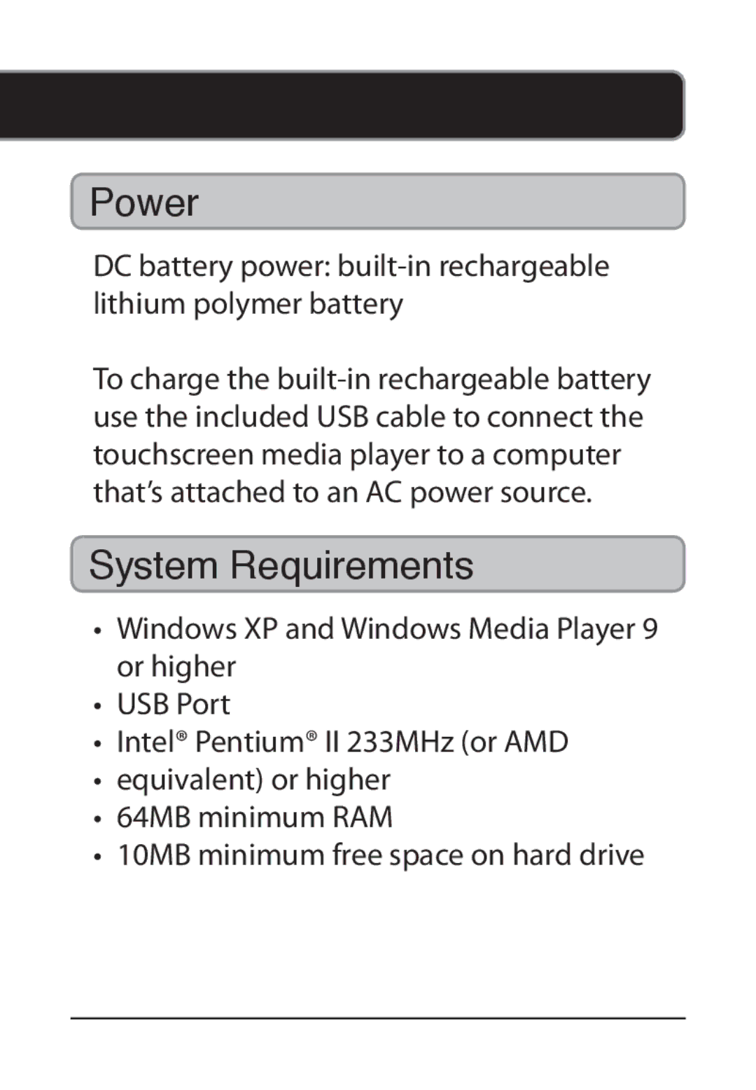 GPX MT861B manual Power, System Requirements 