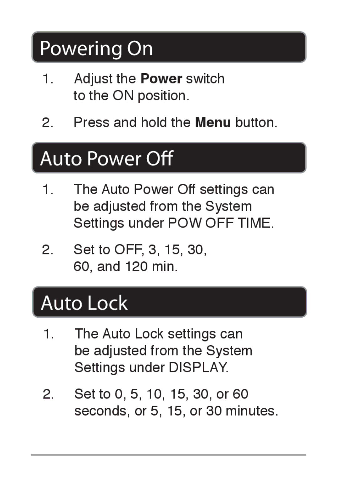 GPX MT861B manual Powering On, Auto Power Off, Auto Lock 