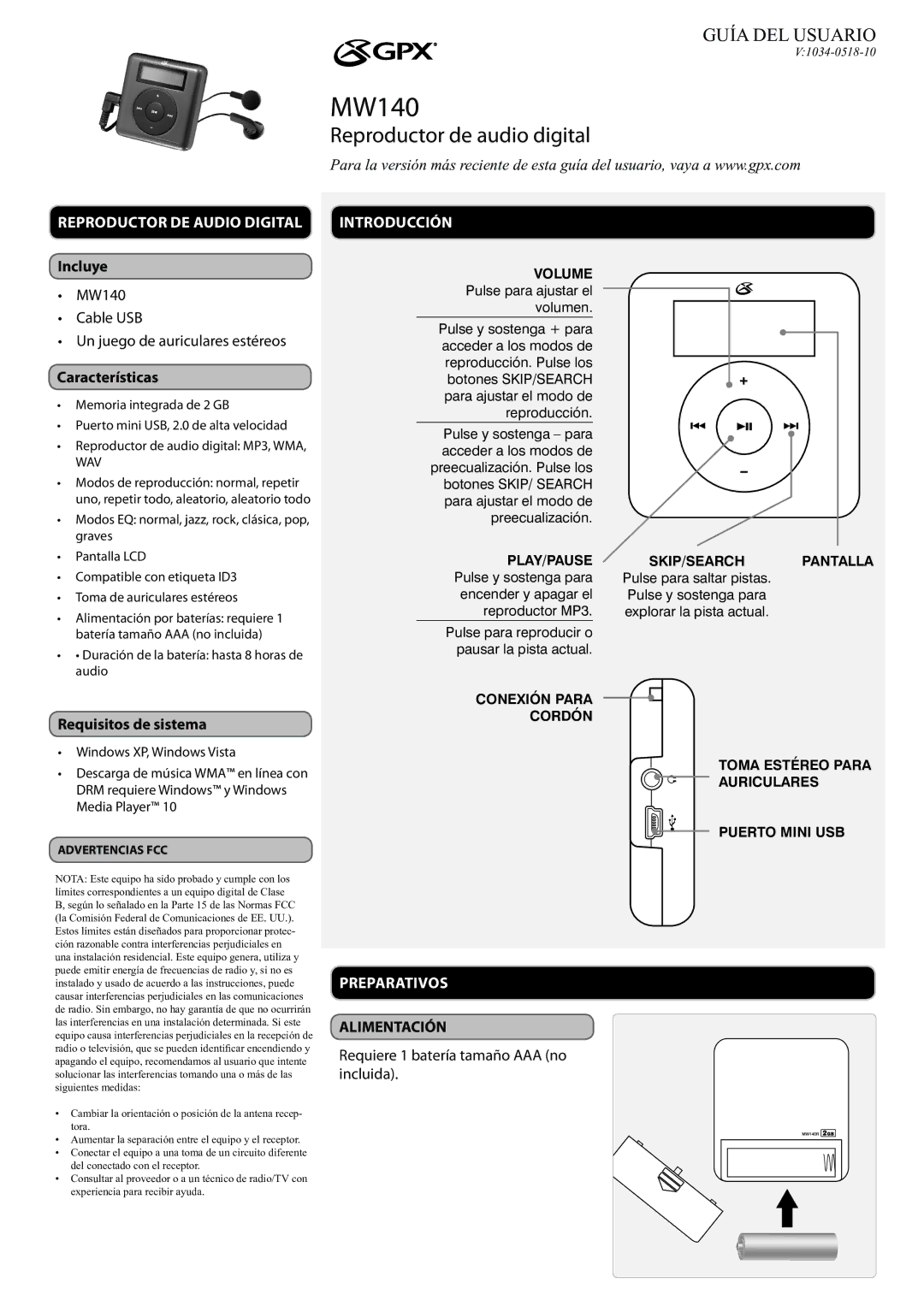 GPX MW140 manual Reproductor DE Audio Digital Introducción, Incluye, Características, Requisitos de sistema, Preparativos 