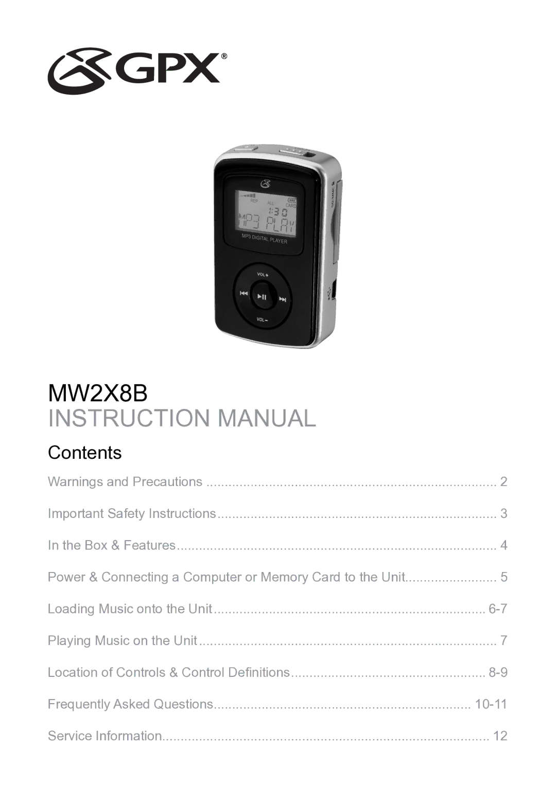 GPX MW2X8B instruction manual Contents 