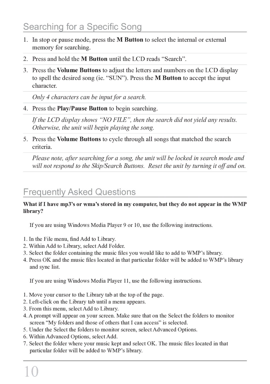 GPX MW2X8B instruction manual Searching for a Specific Song, Frequently Asked Questions 