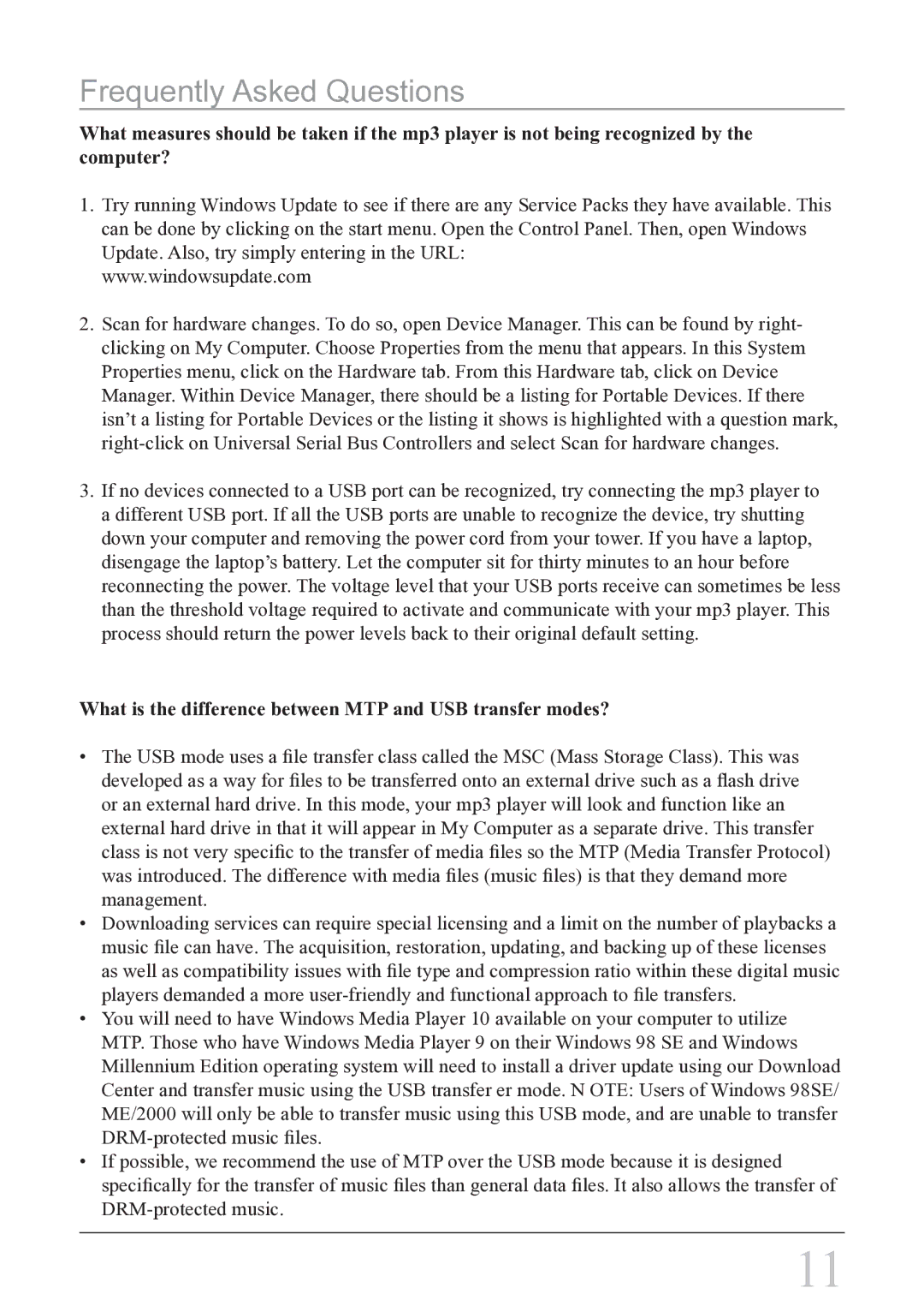 GPX MW2X8B instruction manual What is the difference between MTP and USB transfer modes? 