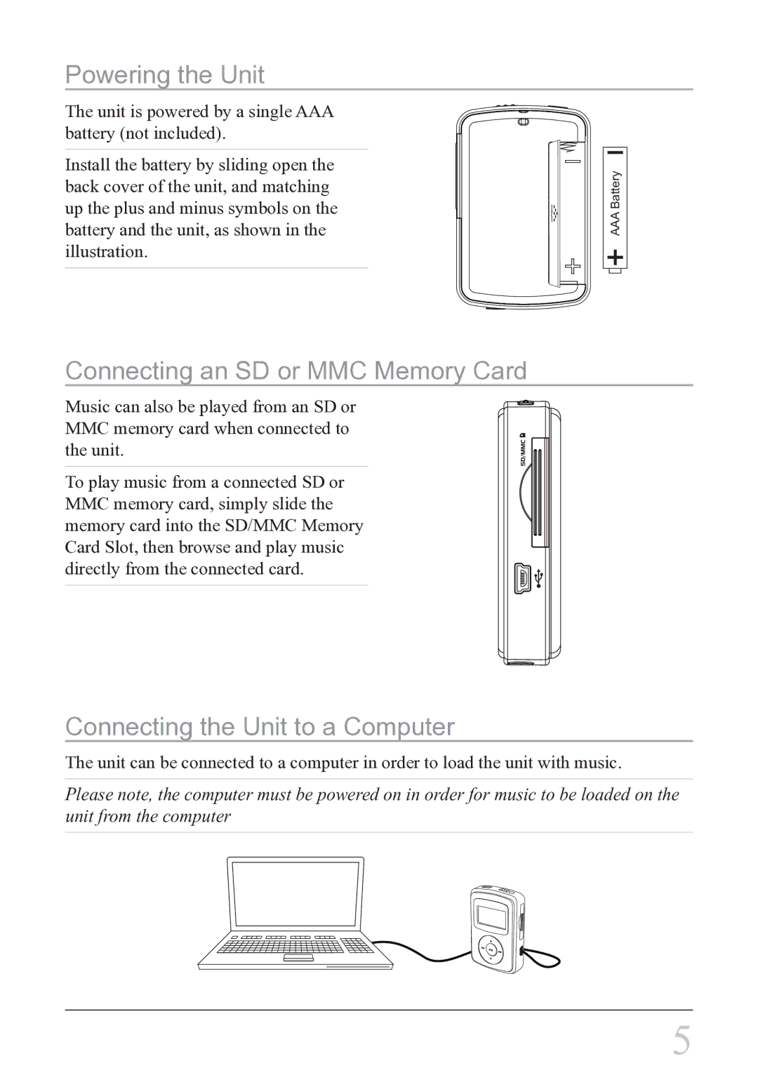 GPX MW2X8B instruction manual Powering the Unit, Connecting an SD or MMC Memory Card, Connecting the Unit to a Computer 