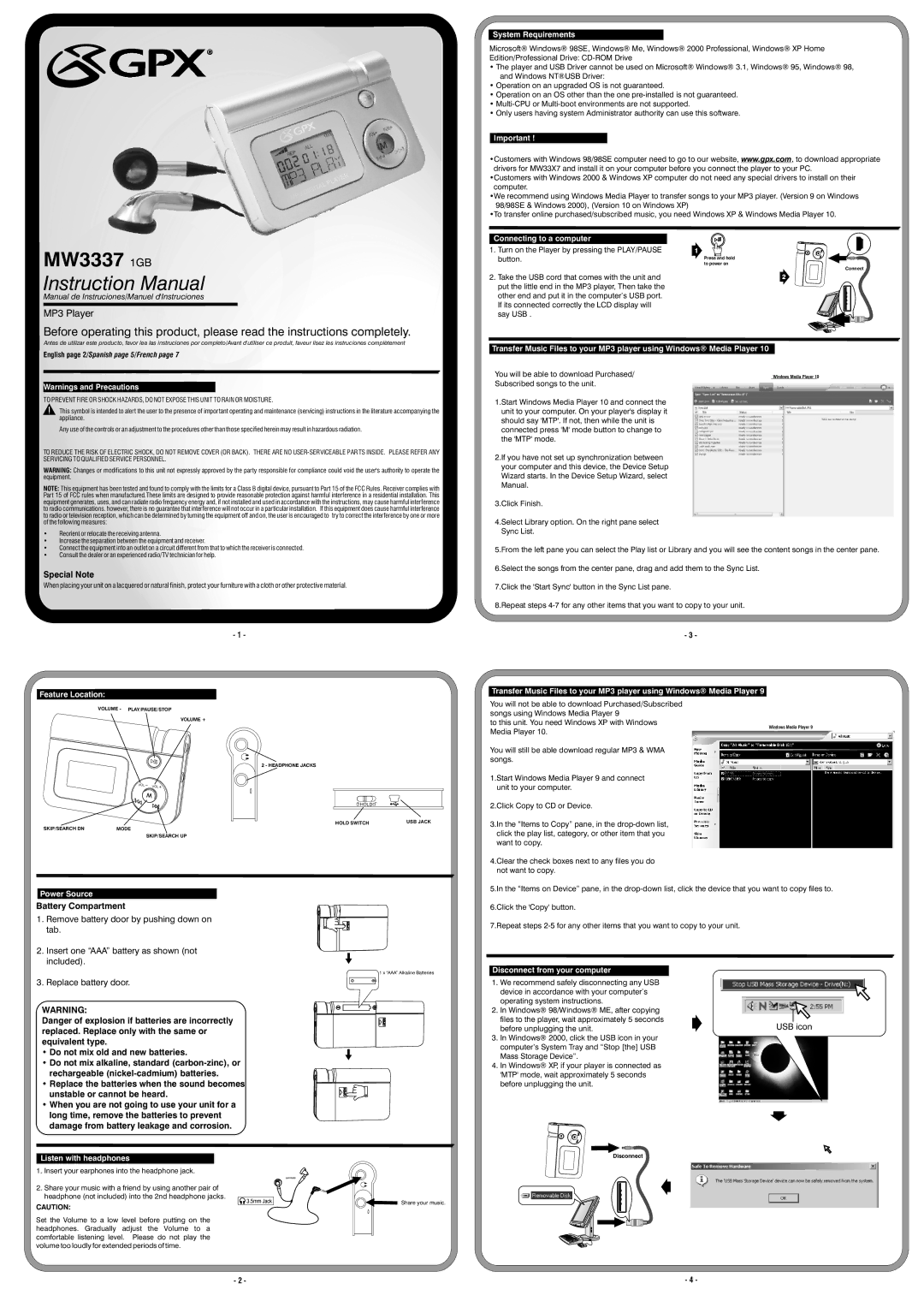 GPX MW3337 instruction manual Feature Location, System Requirements, Connecting to a computer, Power Source 