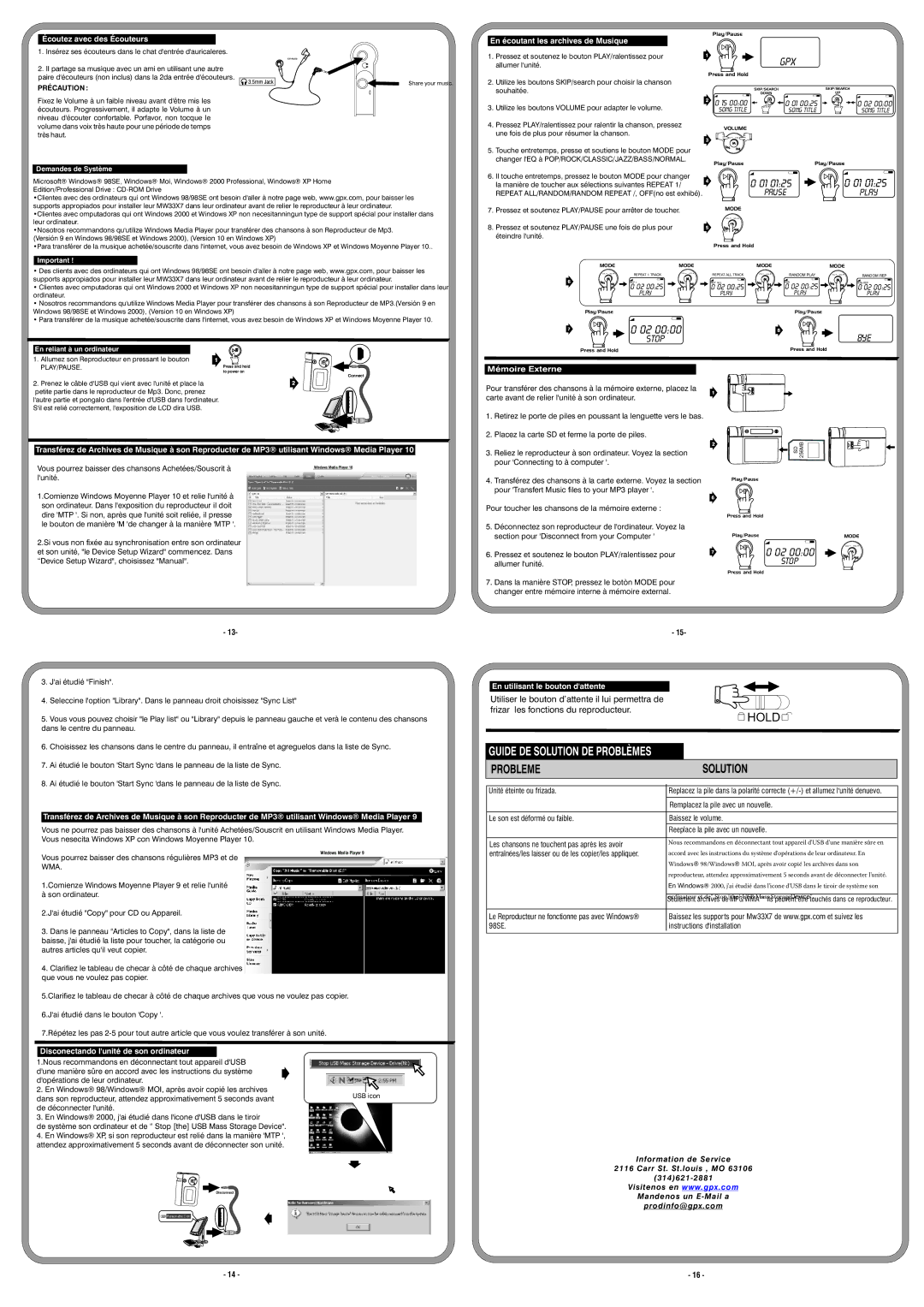 GPX MW3337 instruction manual Écoutez avec des Écouteurs, Mémoire Externe, En utilisant le bouton dattente 