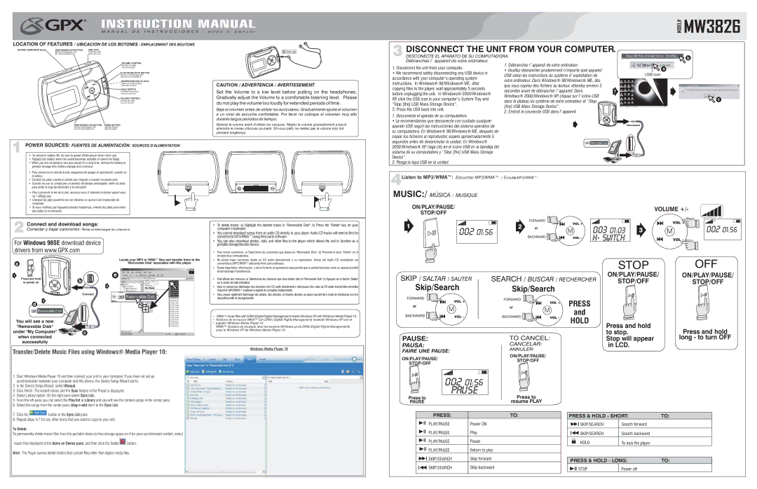 GPX MW3826 instruction manual Stop the USB Mass Storage Device, Press the USB back into unit, Power on, Play, Pause 