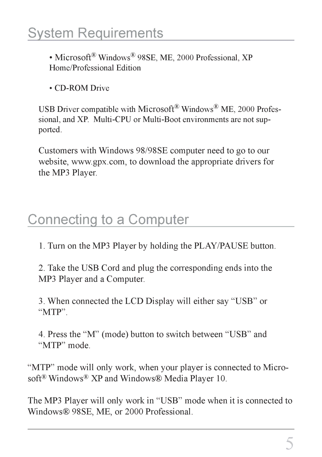 GPX mw3837 instruction manual System Requirements, Connecting to a Computer 