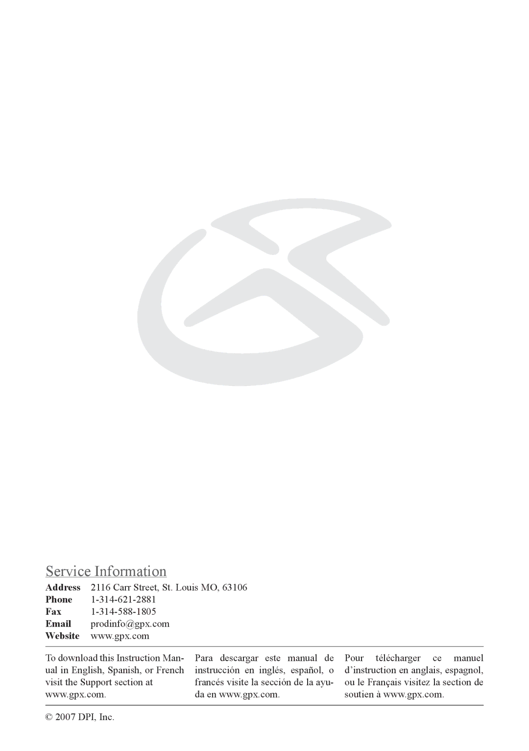 GPX mw3837 instruction manual Service Information 