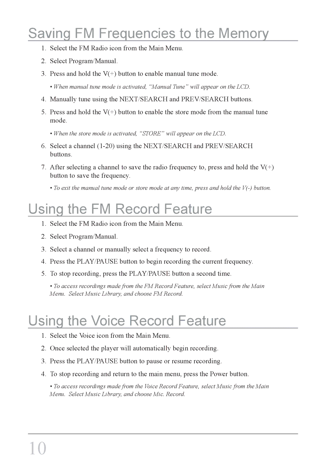 GPX MW8827DT, MW8837DT Saving FM Frequencies to the Memory, Using the FM Record Feature, Using the Voice Record Feature 