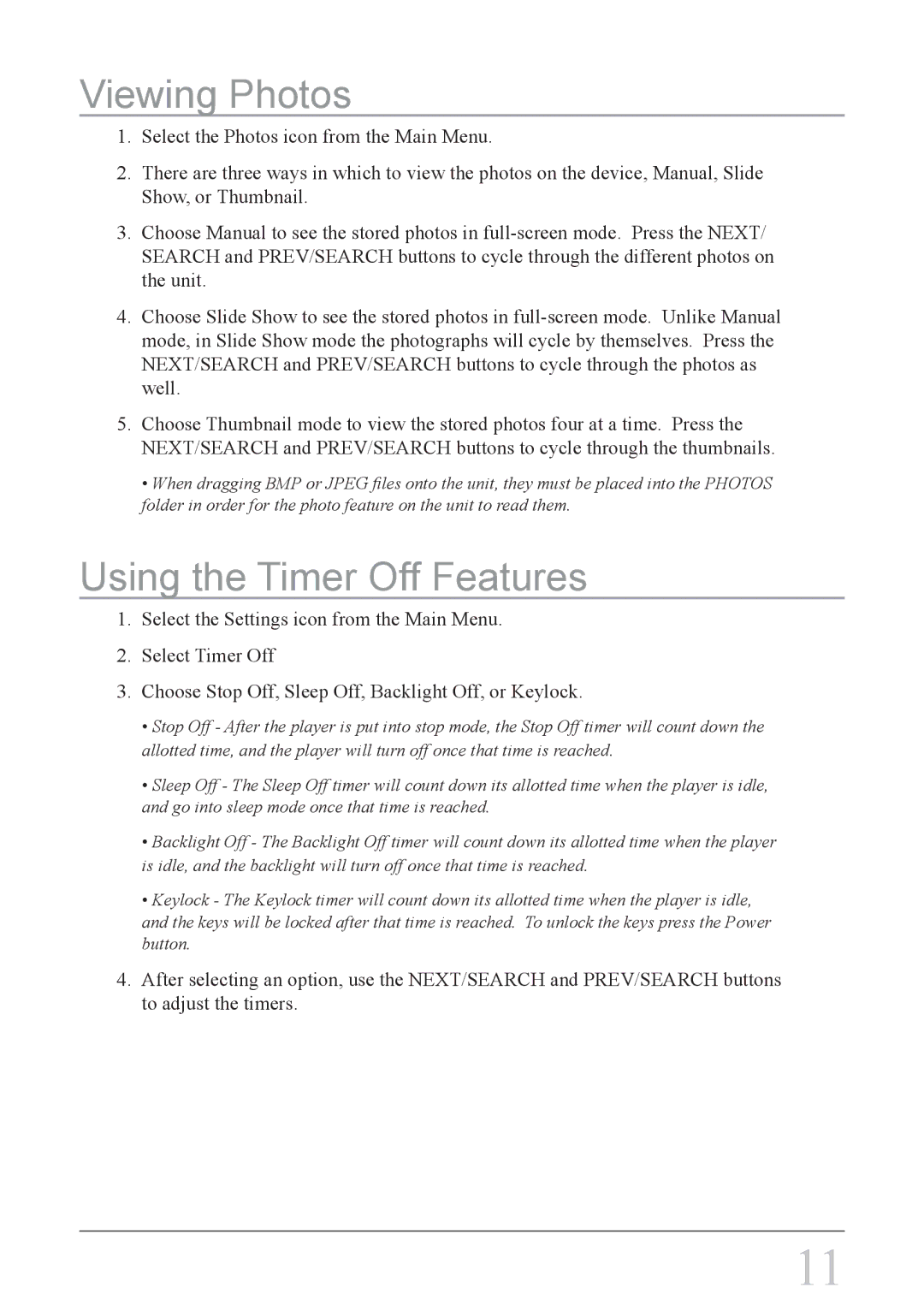 GPX MW8837DT, MW8827DT instruction manual Viewing Photos, Using the Timer Off Features 