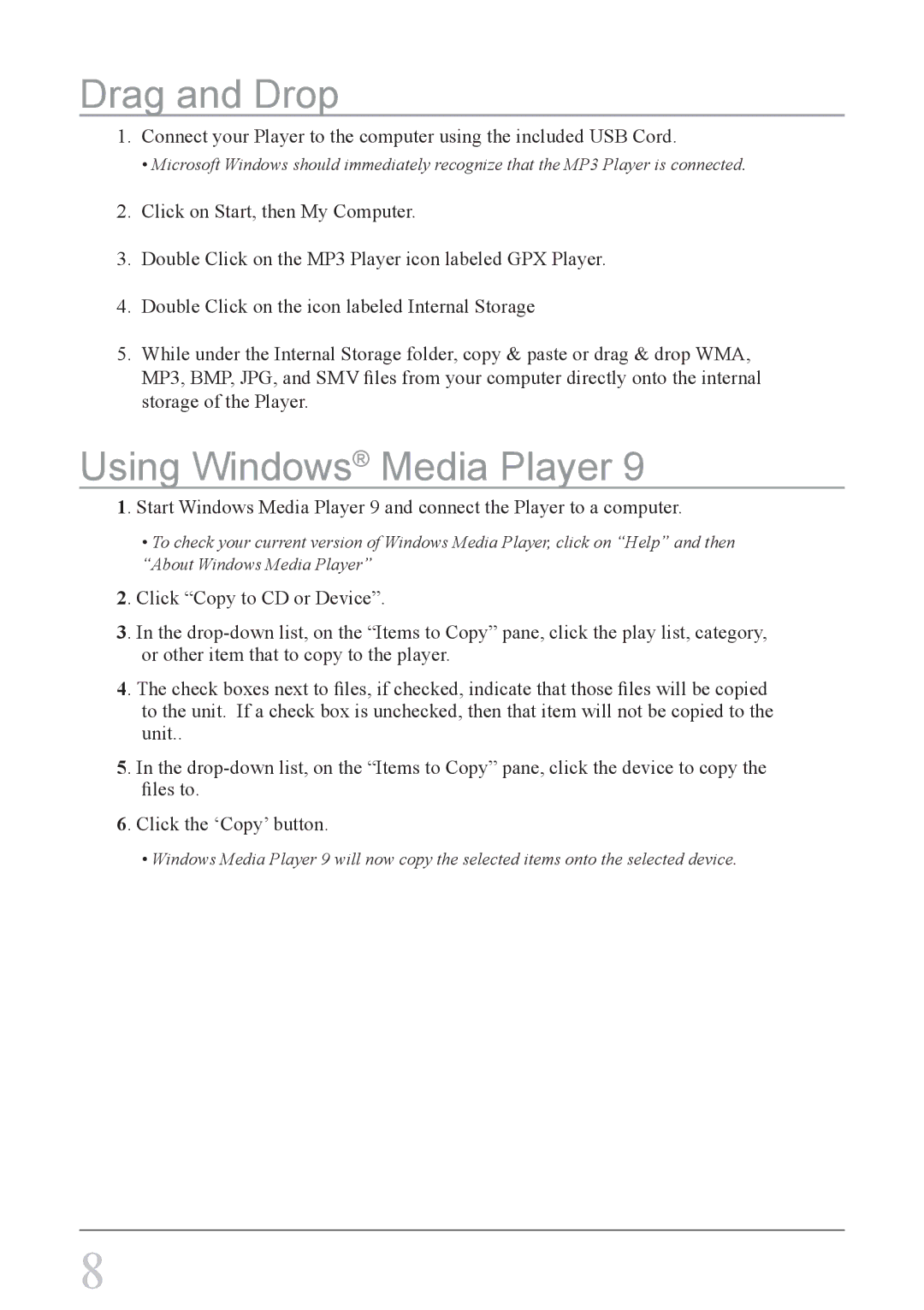 GPX MW8827DT, MW8837DT instruction manual Drag and Drop, Using Windows Media Player 